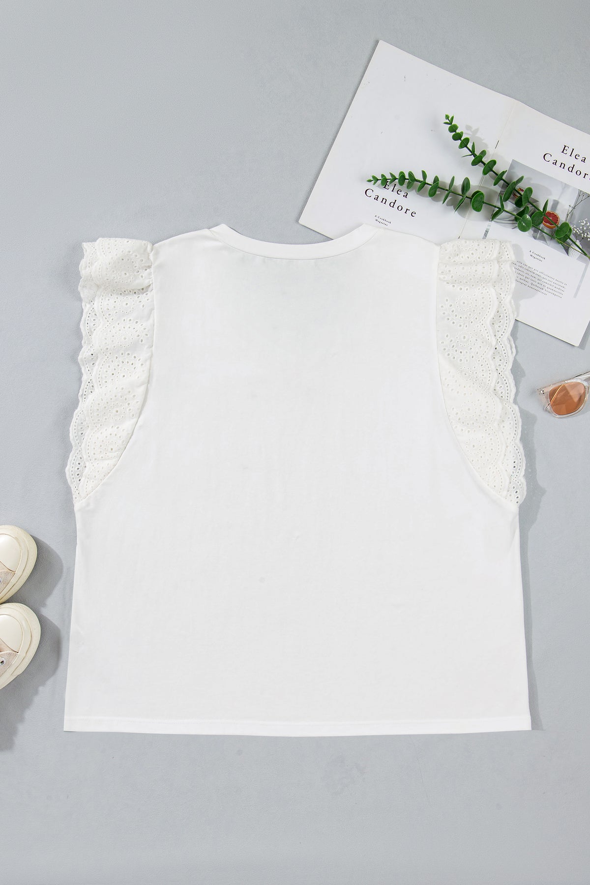 White Eyelet Crochet Splicing Short-Sleeve Plus Size Tee