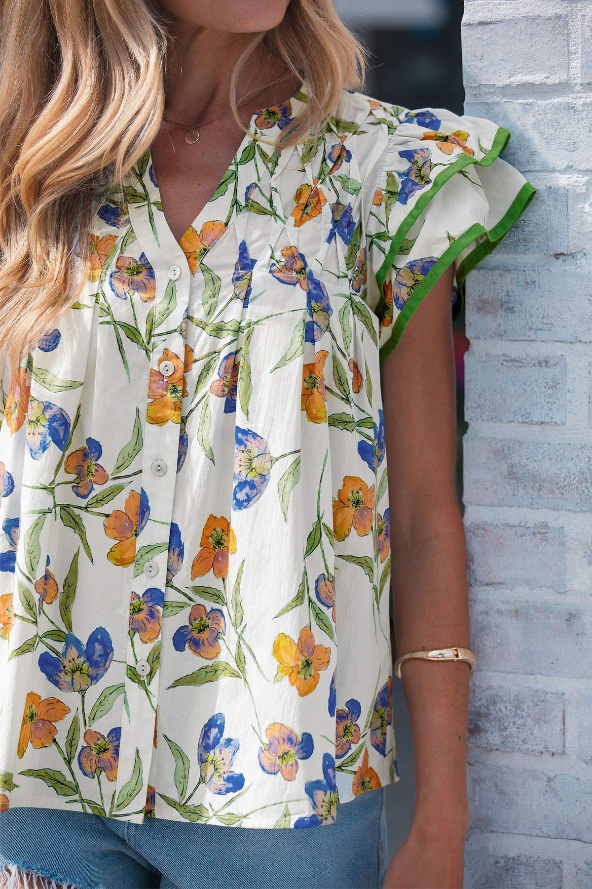 Green Floral Print Ruffle V-Neck Pressed Pleats Cotton Blouse