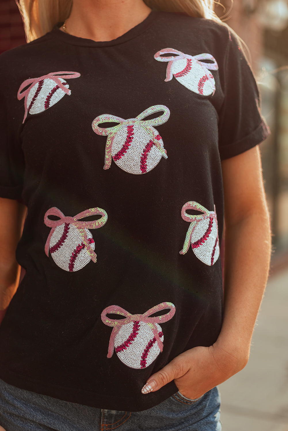 Black Shimmering Sequin Bow Ball Patterned Game Day Casual Tee
