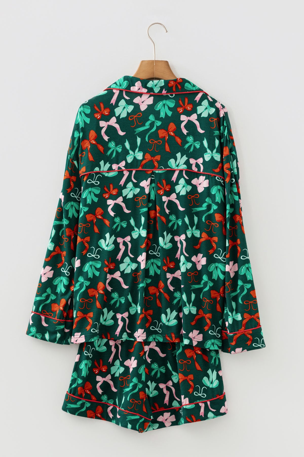 Green Festive Bow Print Long Sleeve Shirt and Shorts Pajama Set