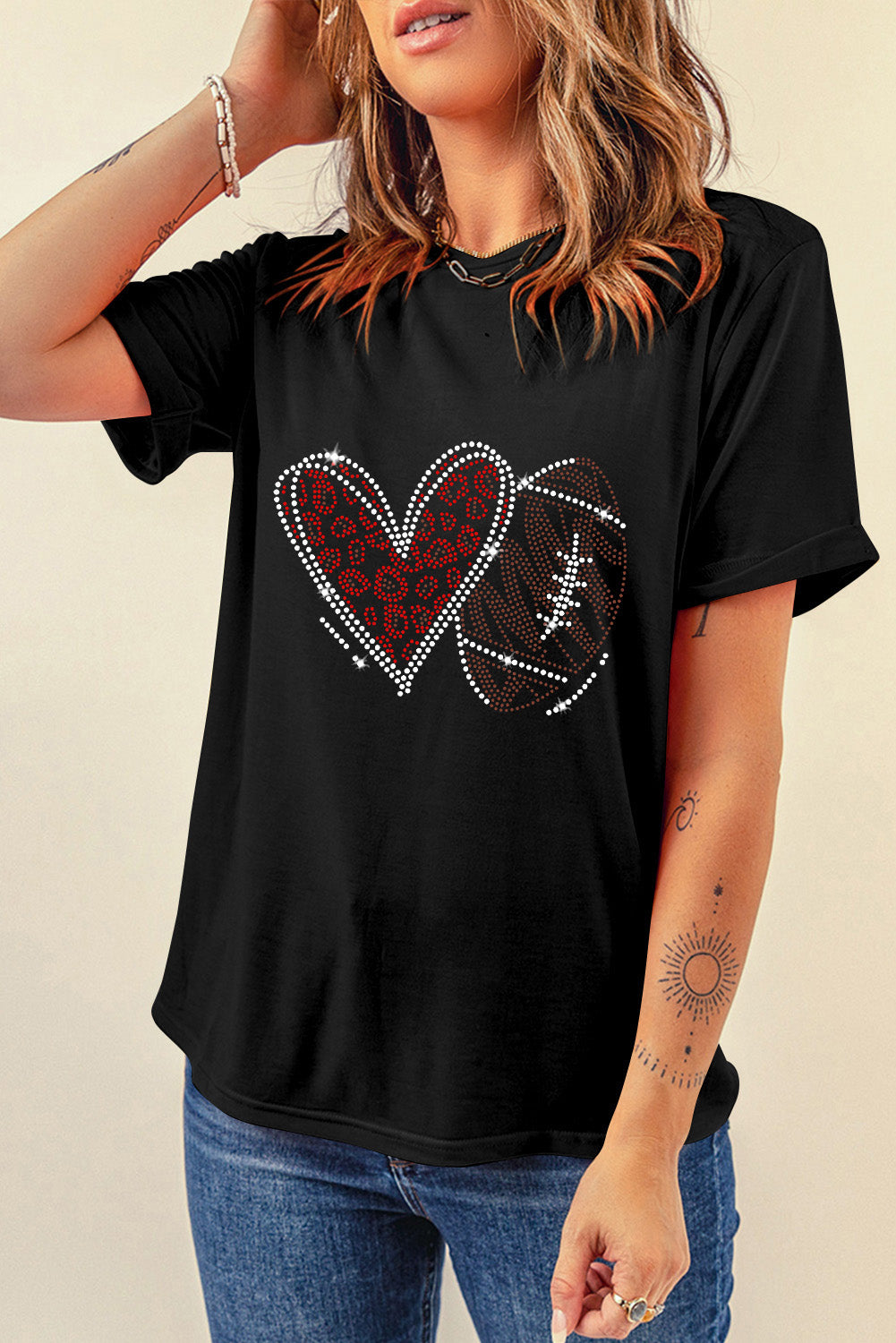 Black Rhinestone Rugby Football Heart Shape Graphic T-Shirt