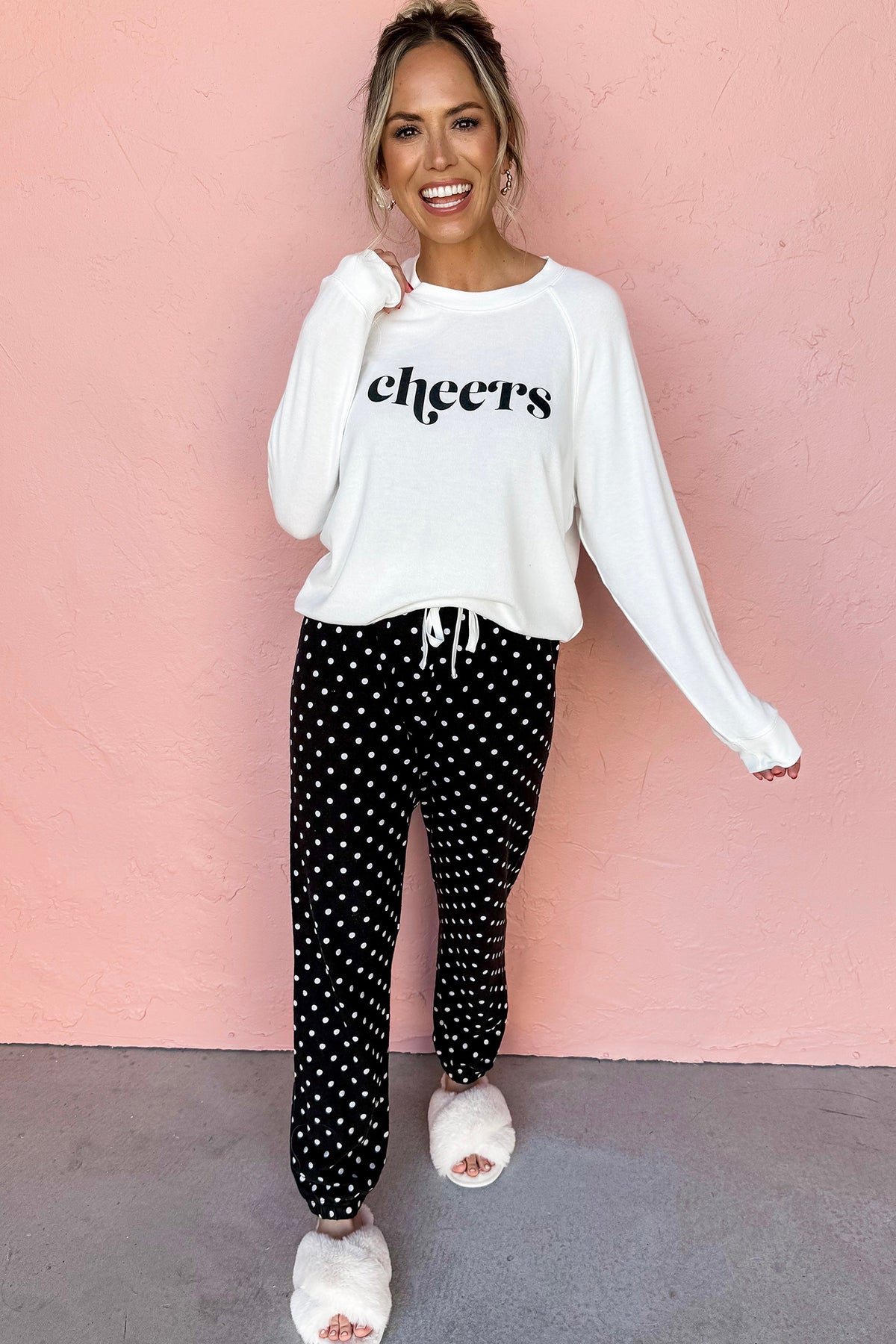 Black Cheers Graphic Raglan Pullover and Polka Dot Pants Lounge Set