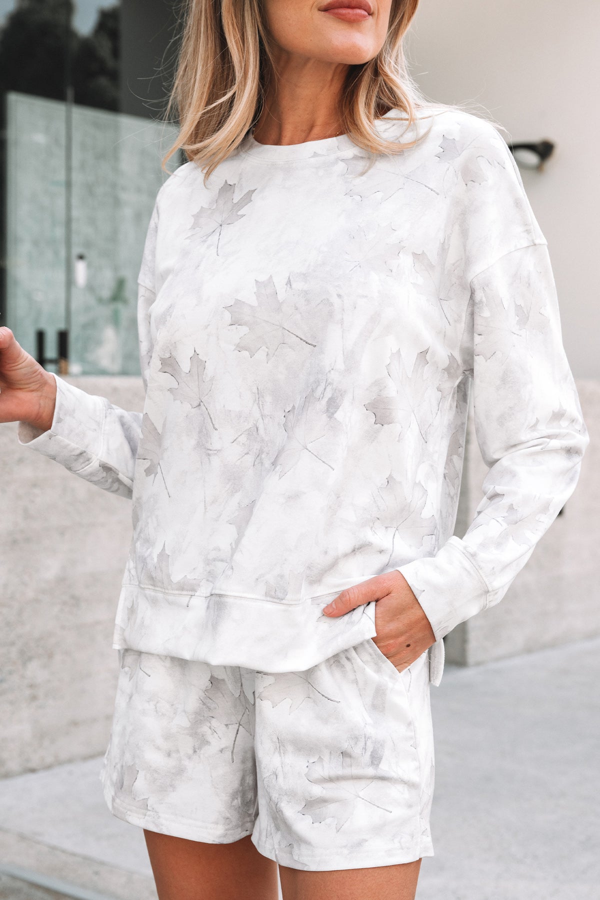 Women's Beige Maple Camo Print Pullover Top & Shorts Two-Piece Set
