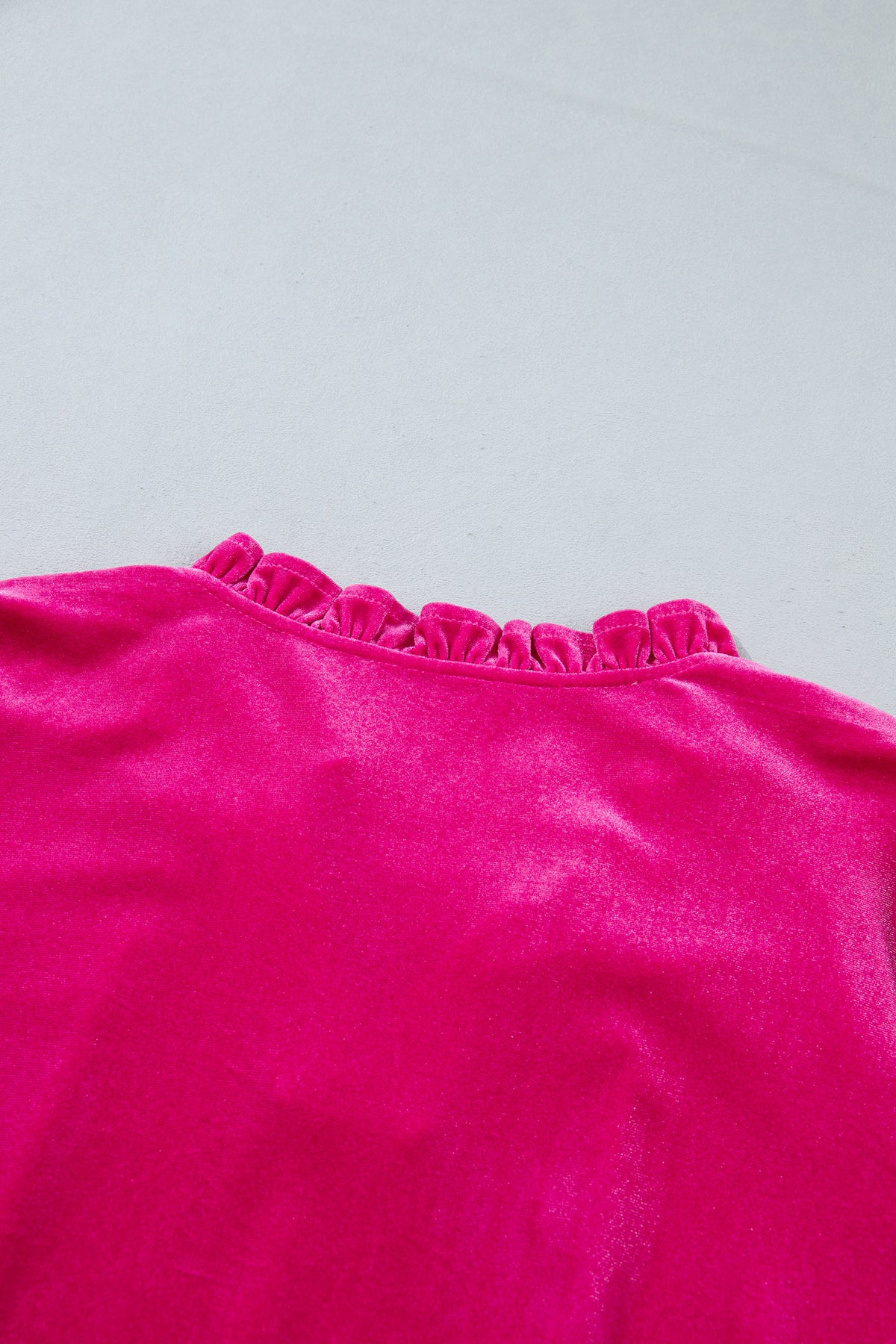 Strawberry Pink V Neck Velvet Ruffled Cuffs Hem Top
