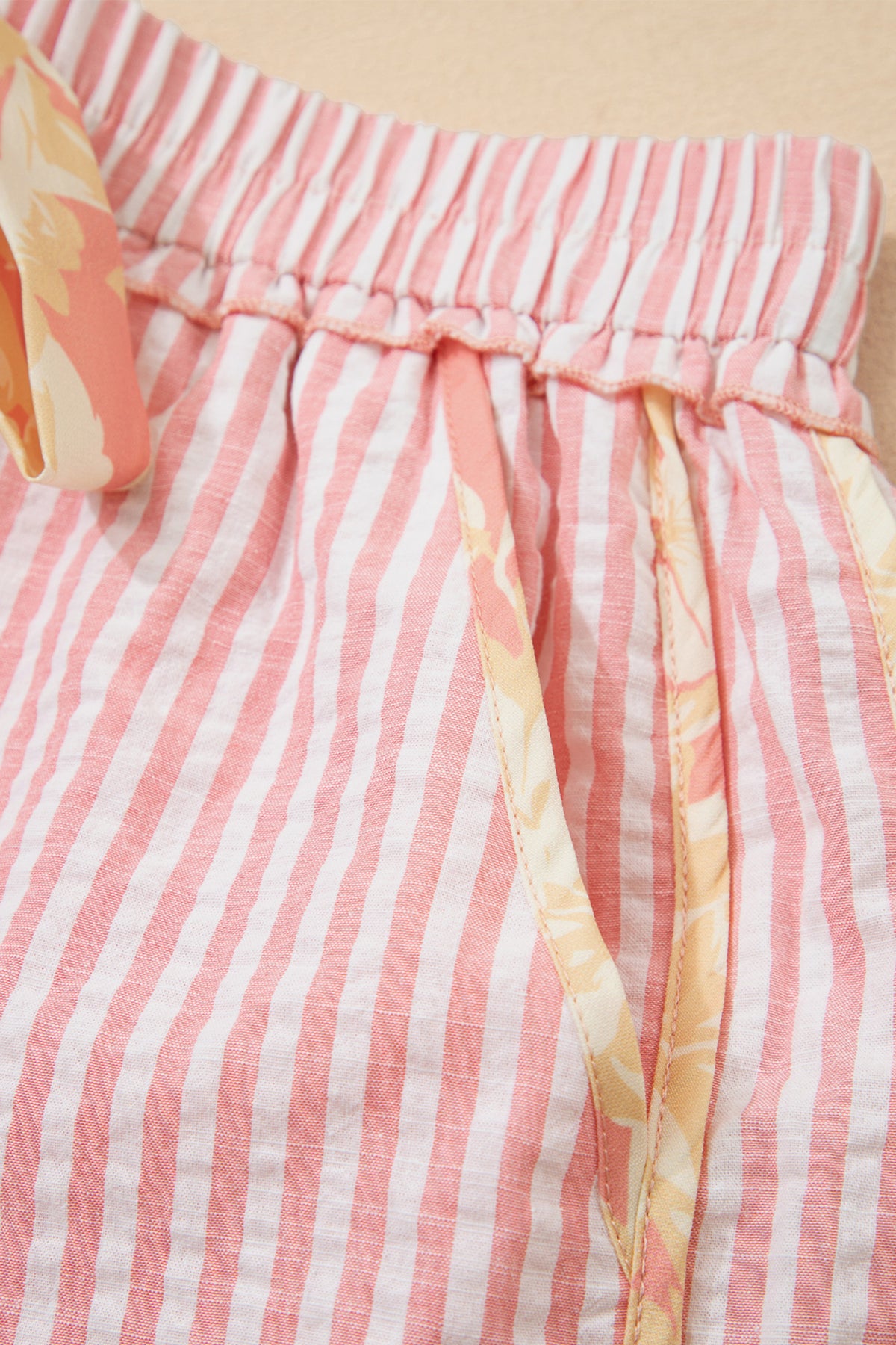 Light Pink Floral Trim Ribbon Knot Striped Casual Shorts