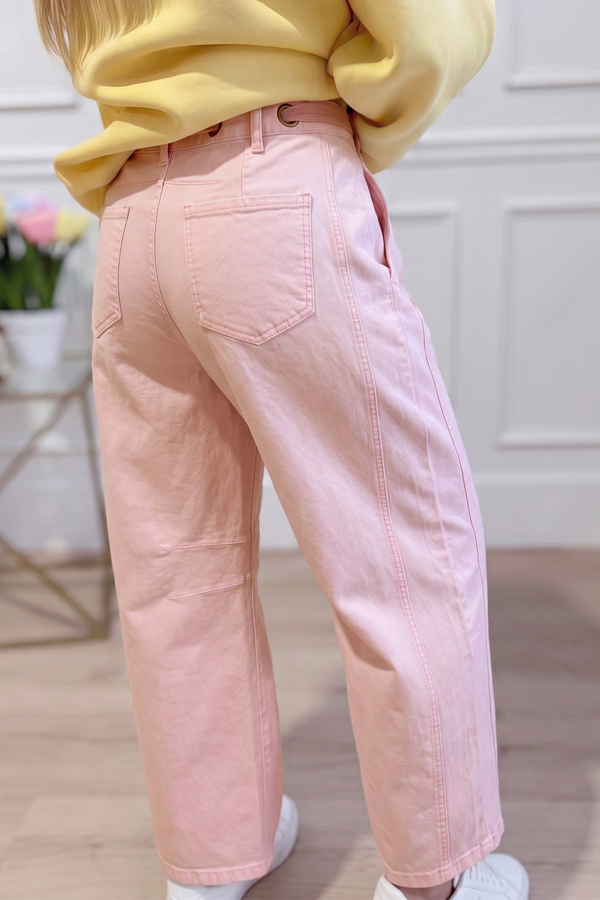 Yellow Solid Grommet Knot Waist Barrel Jeans
