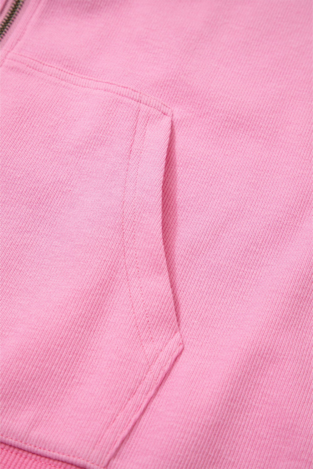 Sachet Pink Solid Color Ribbed Zip Up Drawstring Hooded Jacket