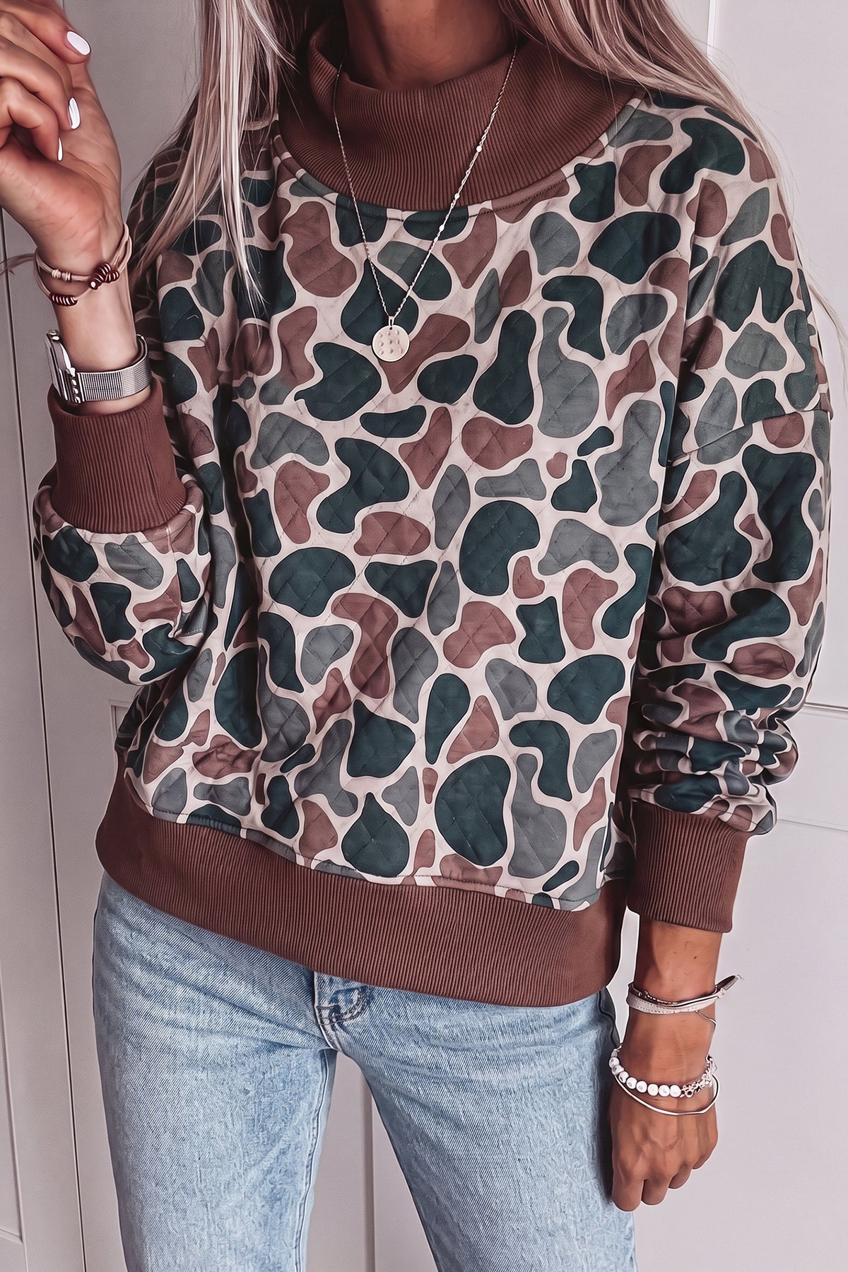 Multicolor Camo Quilted Mock Neck Sweatshirt