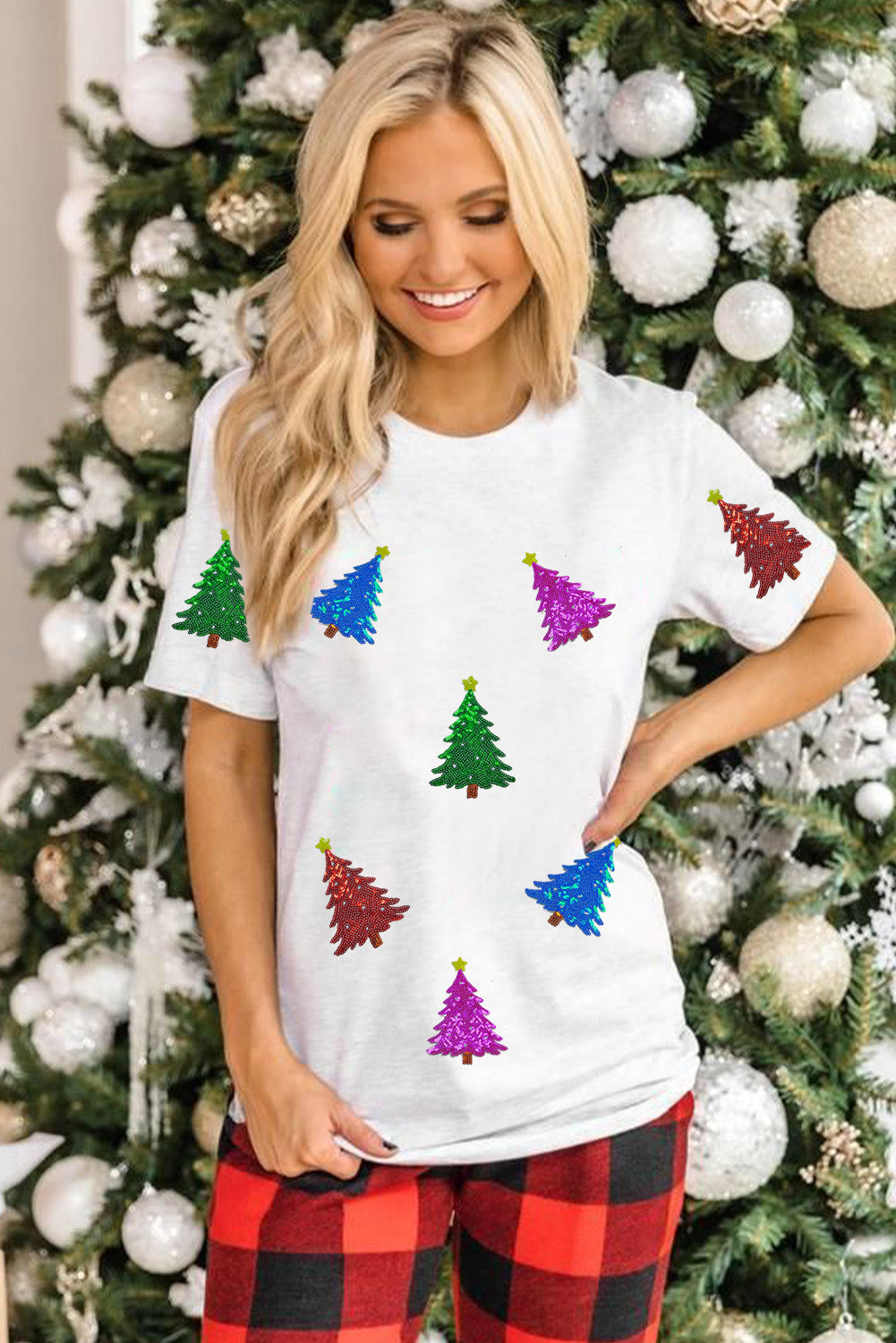 White Glitter Christmas Tree Pattern Cuffed Sleeve Christmas T-Shirt