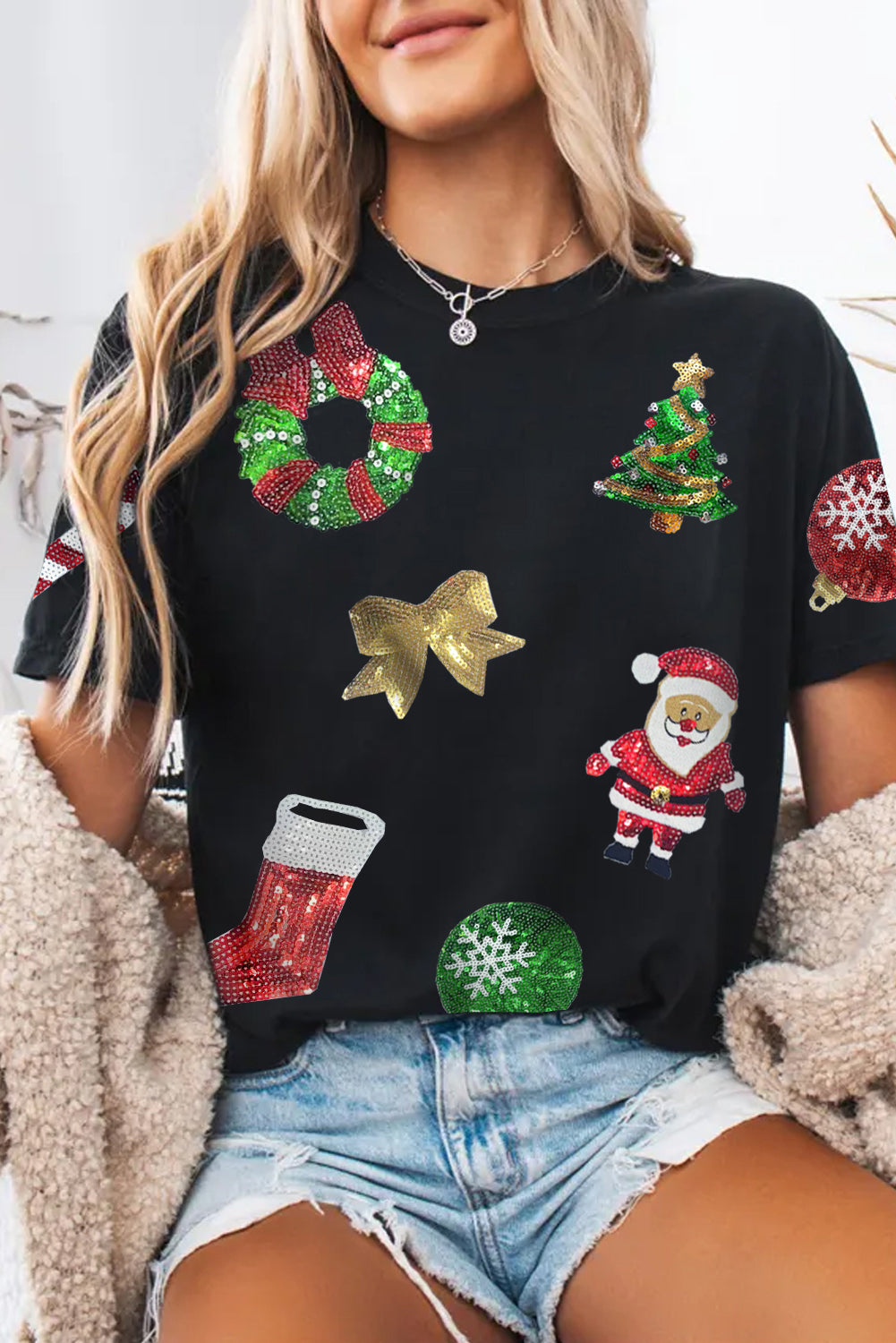 Black Sequin Christmas Essentials Graphic Crewneck T-Shirt