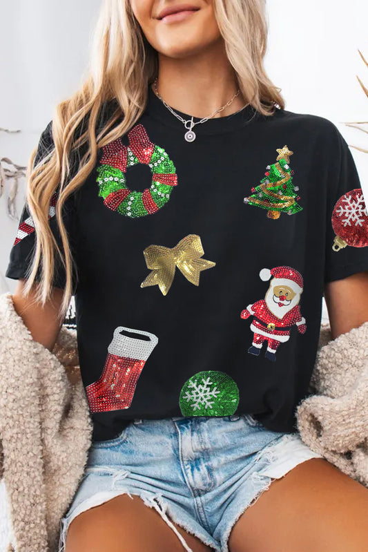 Black Sequin Christmas Essentials Graphic Crewneck T-Shirt