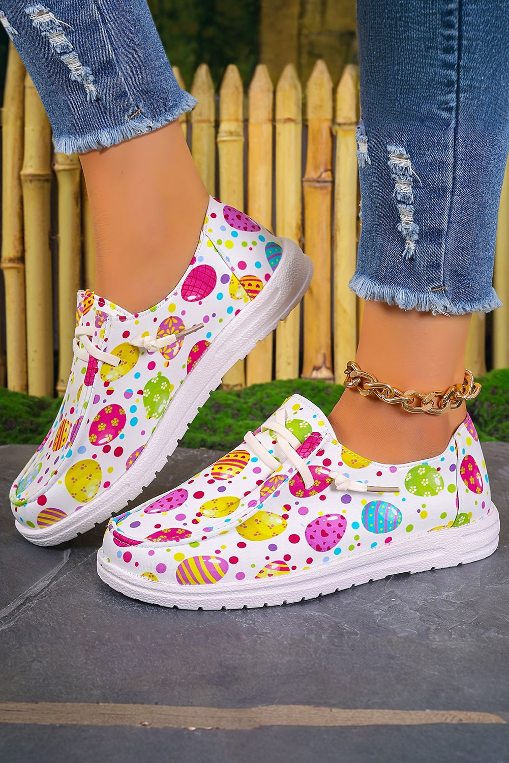 Easter Eggs Printed Square Toe Slip-On Canvas Flats