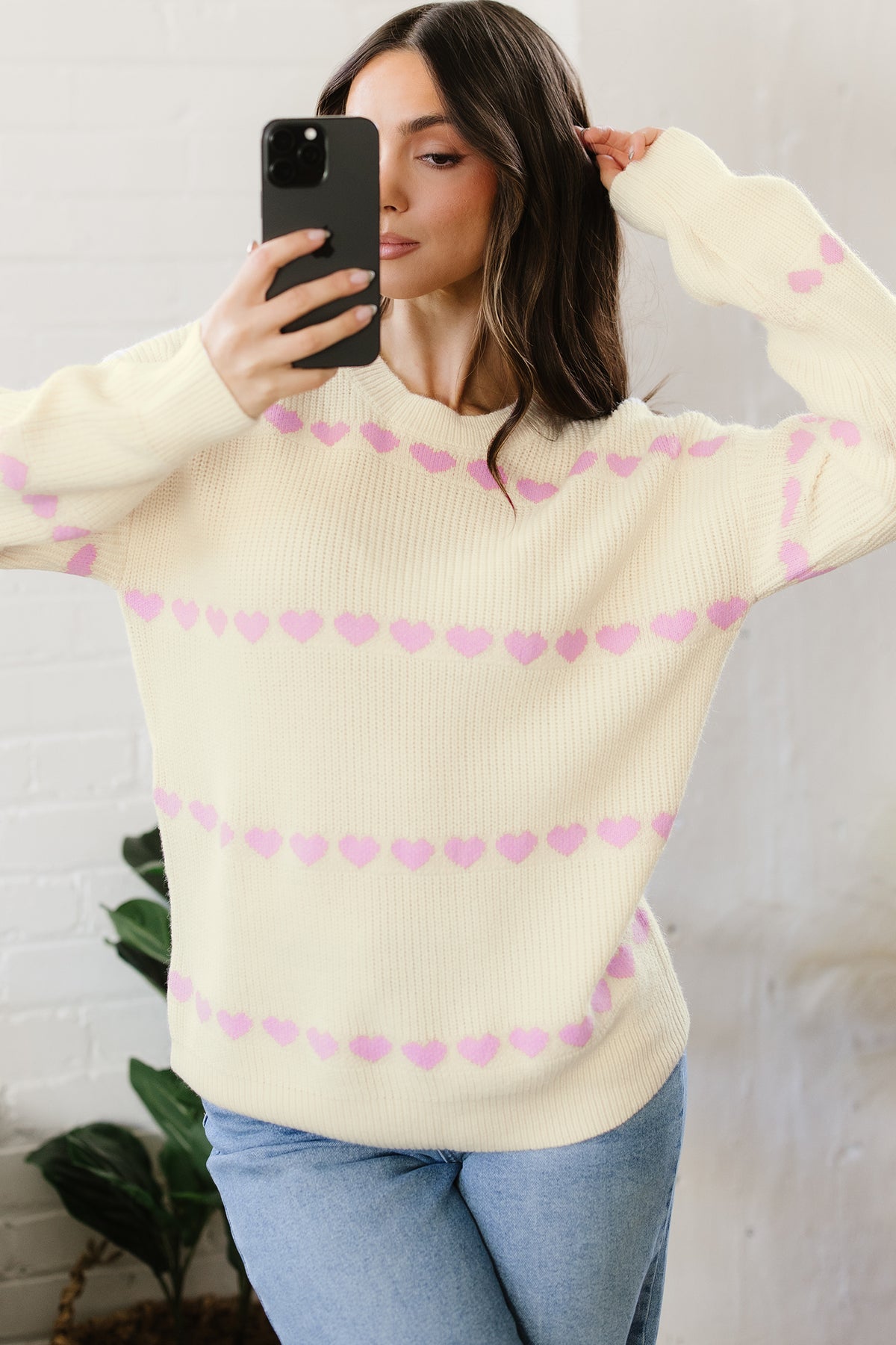 Pink Heart Pattern Valentine Ribbed Knit Sweater