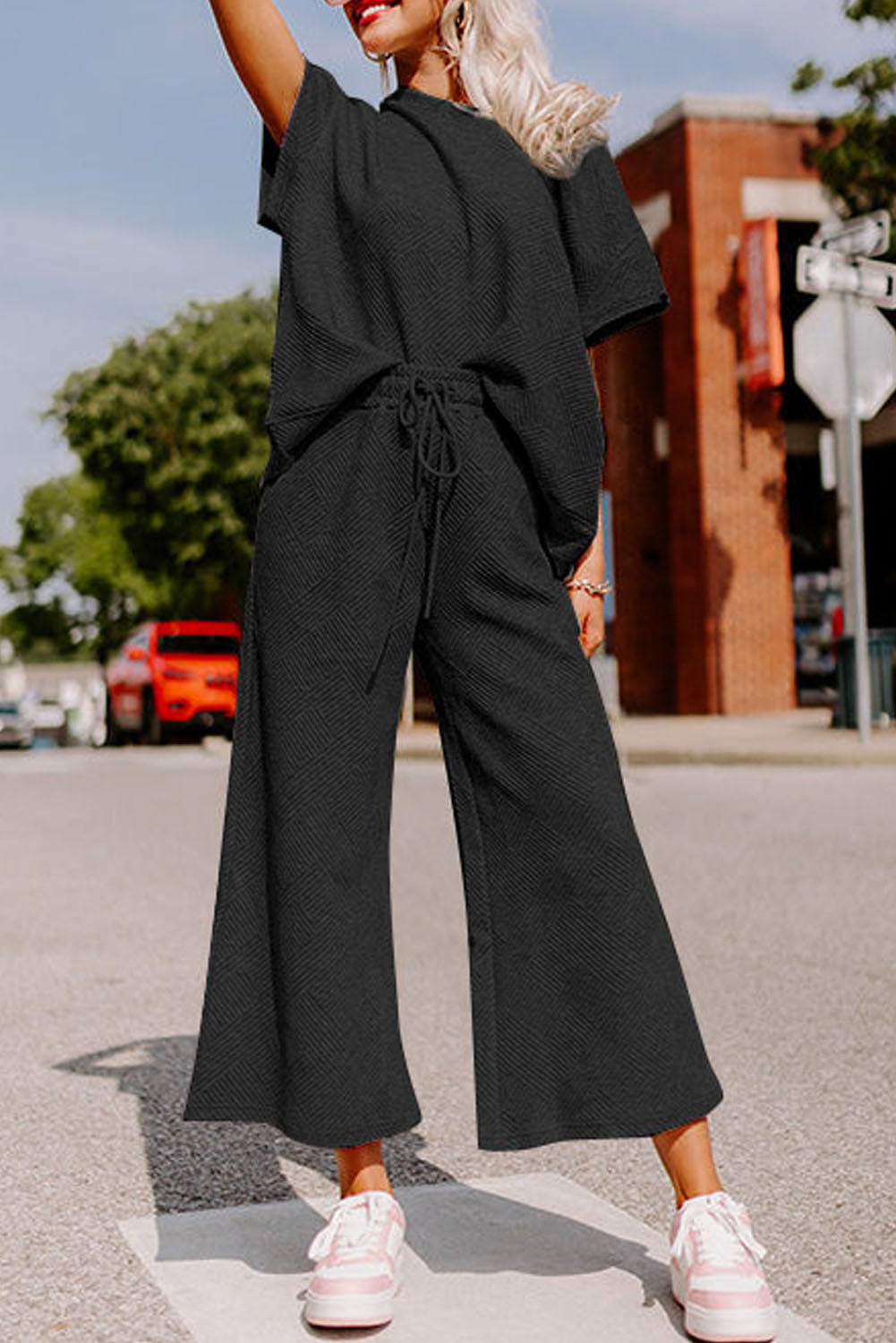 Red Dahlia Textured Loose Fit T Shirt and Drawstring Pants Set