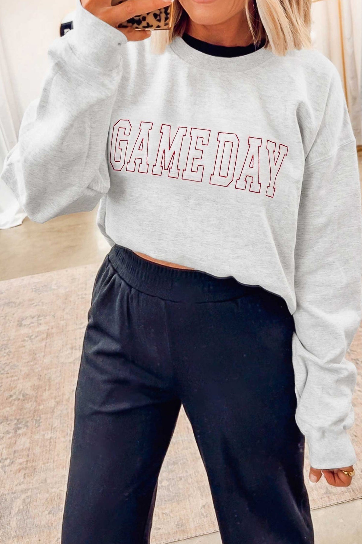 Light Grey Game Day Letter Embroidery Round Neck Sweatshirt