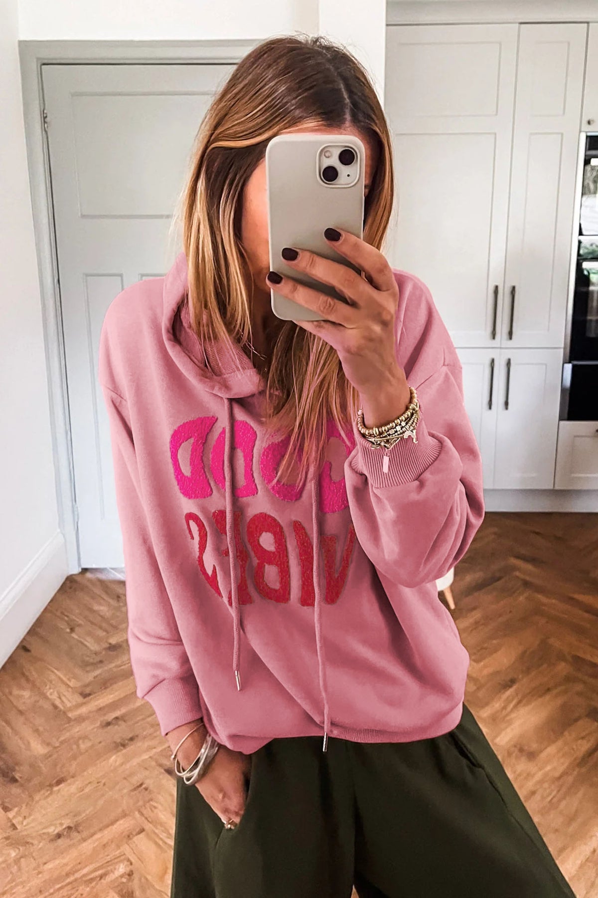 Gossamer Pink GOOD VIBES Chenille Graphic Hoodie