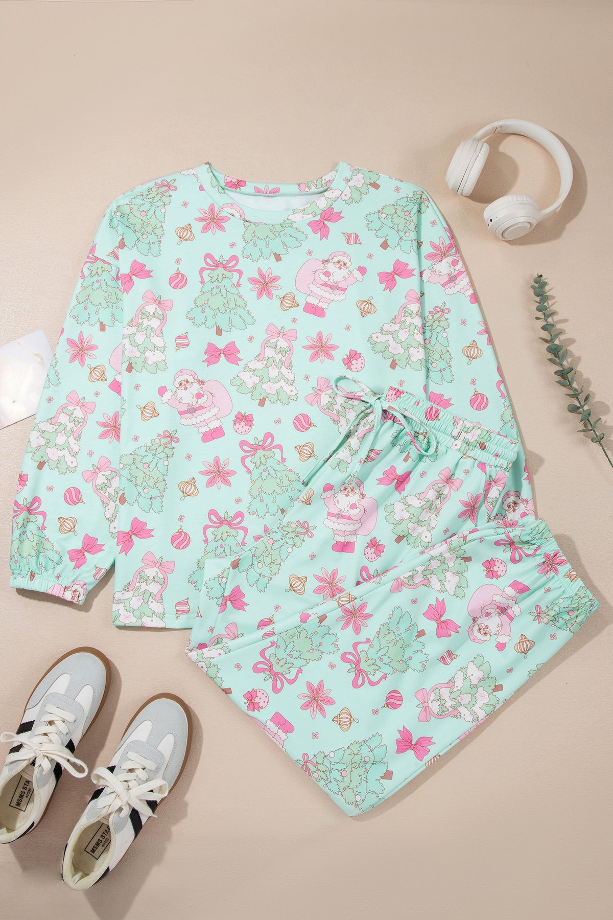 Green Abstract Print Long Sleeve Lounge Set