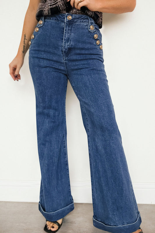 Ashleigh Blue Golden Button Rolled Edge Flare Leg Jeans