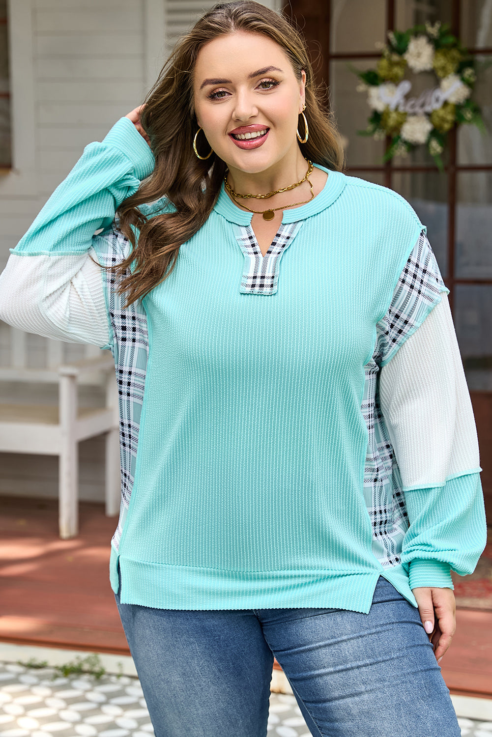 Aruba Blue Ribbed Color-Block Plaid Patchwork Plus Size Long-Sleeve Top
