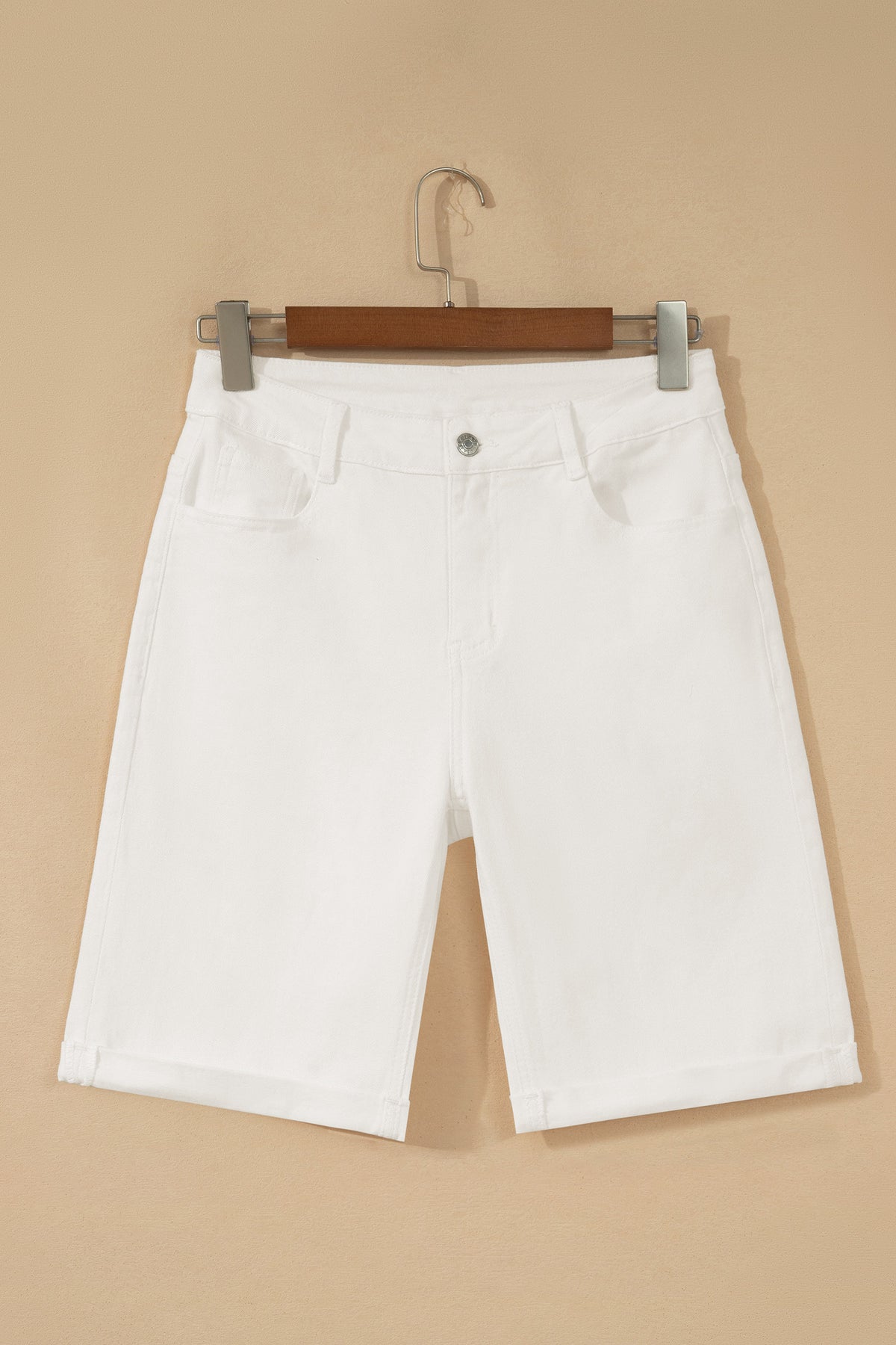 White Solid Rolled Cuffs Denim Bermuda Shorts