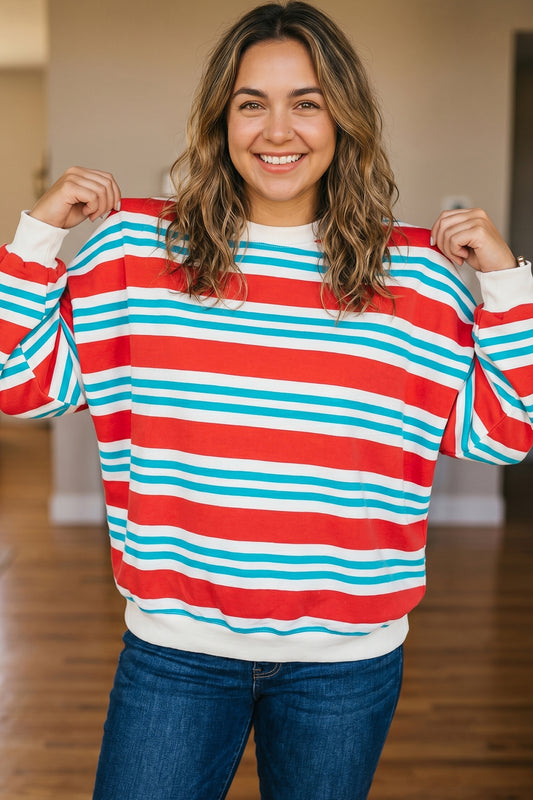 Red Stripe Striped Colorblock Round Neck Tunic Sweatshirt