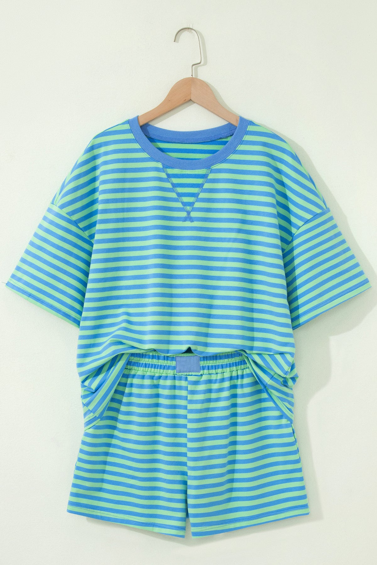 Women's Navy Stripe Striped Ribbed Cotton Two-Piece Shorts Two-Piece Set with Chest Patch Detai
