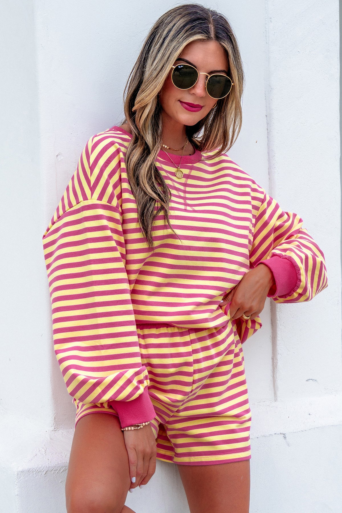 Women's Yellow Stripe Color Block Trim Round Neck Long-Sleeve Top Casual Shorts Two-Piece Set