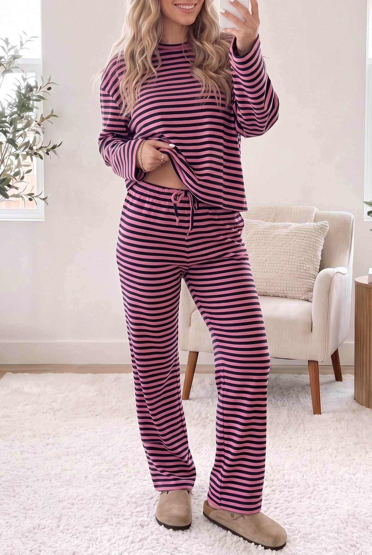 Women's Pink Stripe Casual Long-Sleeve Top Drawstring Pants Set