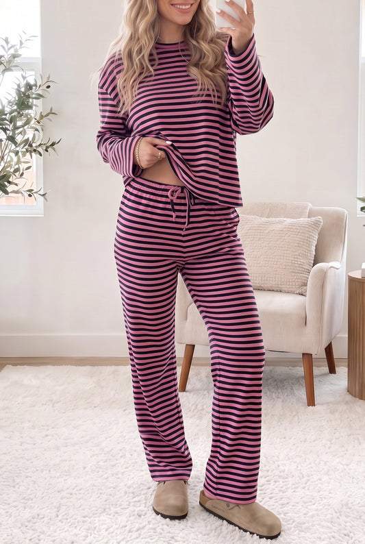 Women's Pink Stripe Casual Long-Sleeve Top Drawstring Pants Set