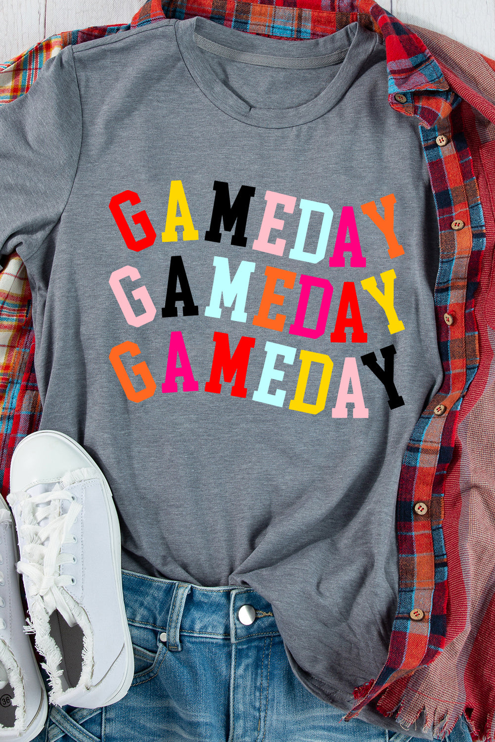Gray Colorful GAME DAY Graphic Crew T-Shirt