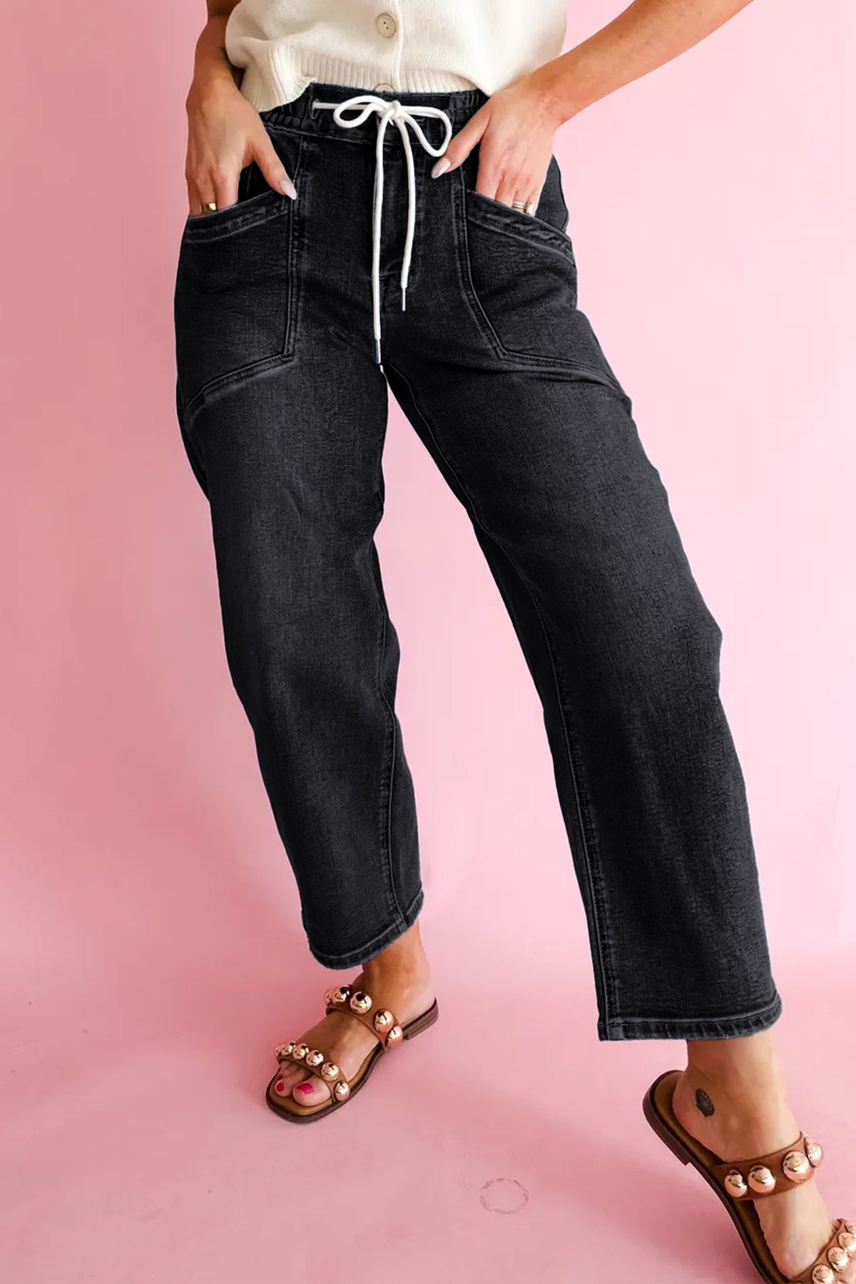 Ashleigh Blue Drawstring Waist Ankle Length Jeans Pocket Denim Pants