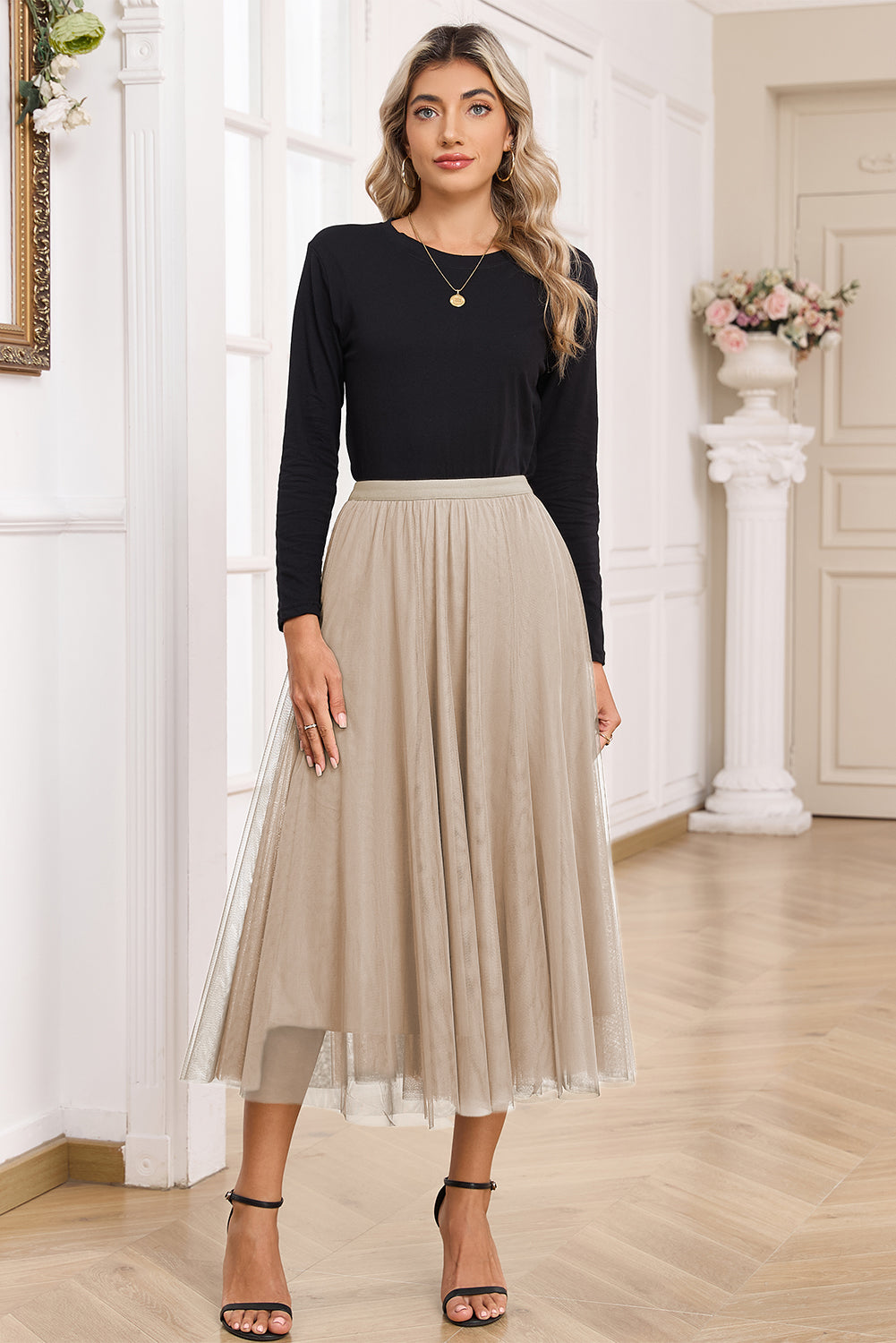 Apricot Tulle Mesh Overlay Flared Midi Skirt