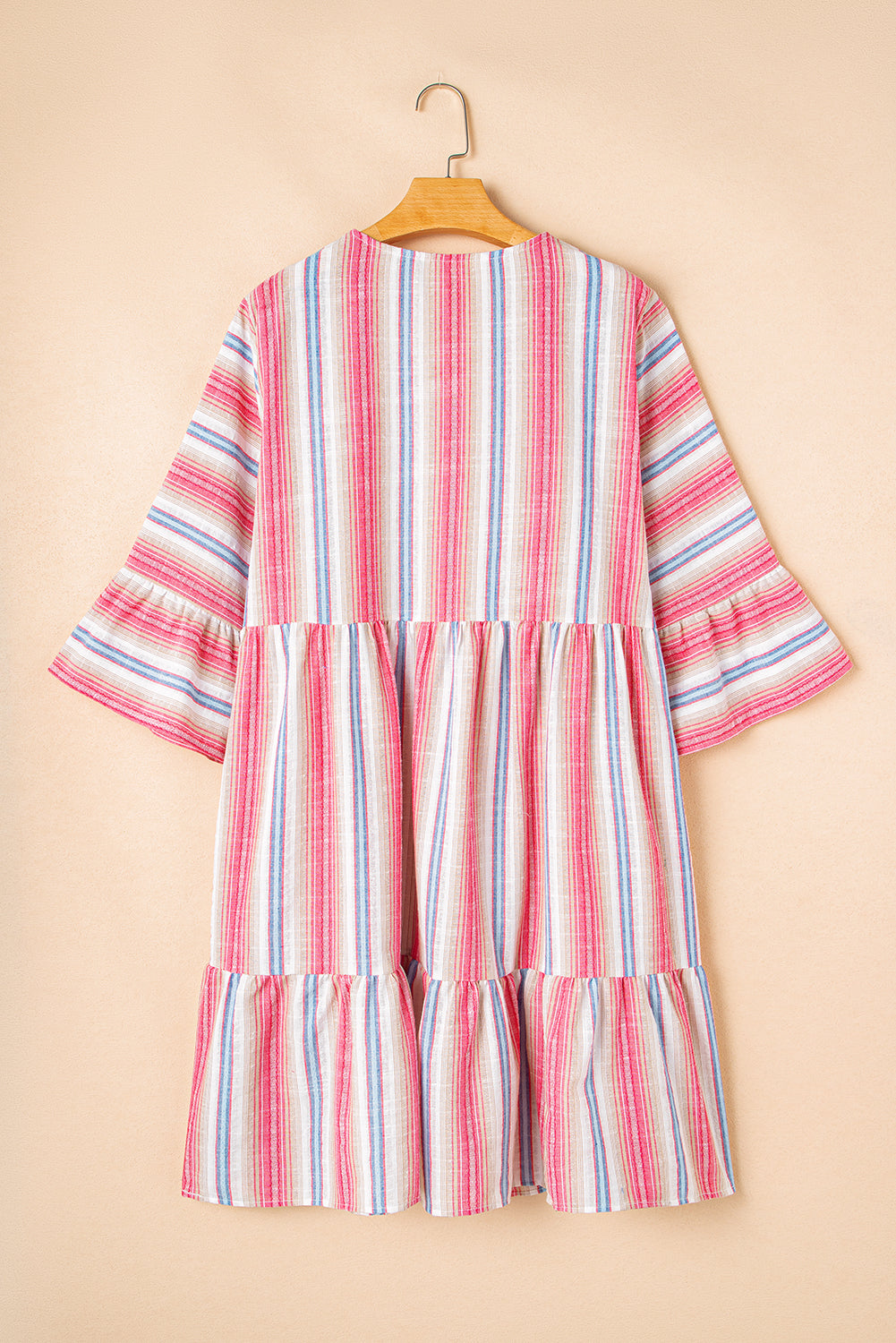 White Stripe Plus Size Embroidered Detail Flared 3/4 Sleeve V-Neck Dress
