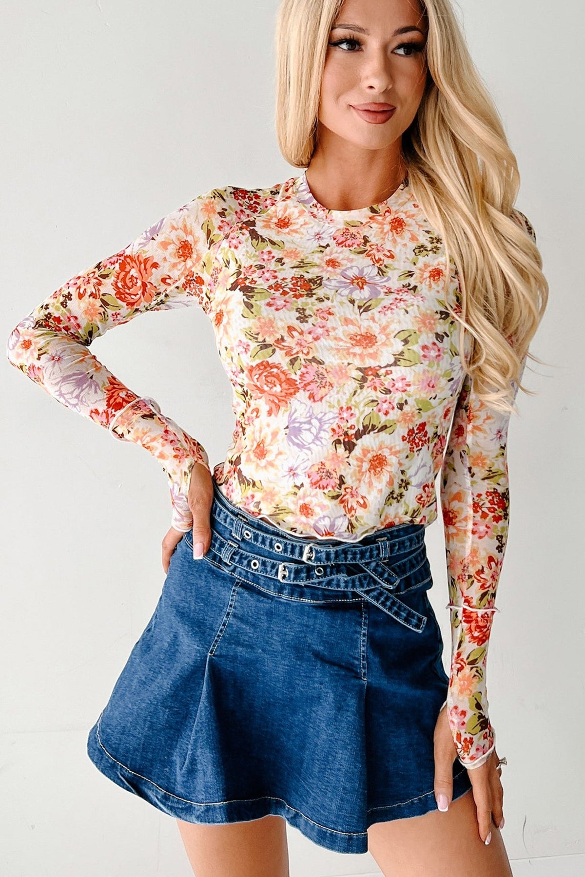 Multicolour Floral Print Mesh Thumbhole Slim Top
