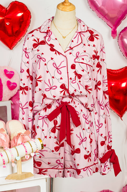 Red Bow Print Valentine Long Sleeve Shirt Shorts Pajama Set