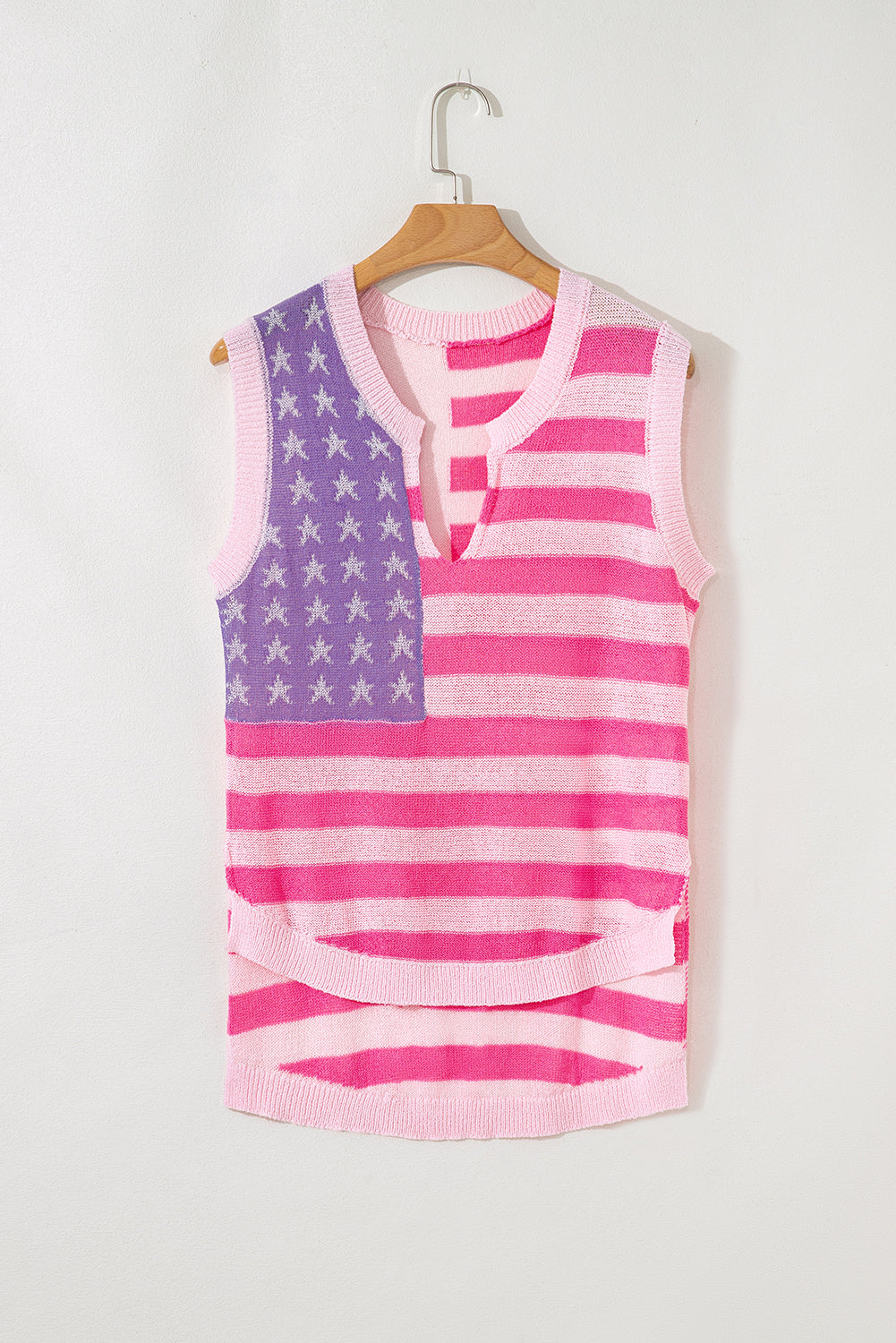 Pink Stripe USA Flag Notched Neckline Loose Sweater Vest