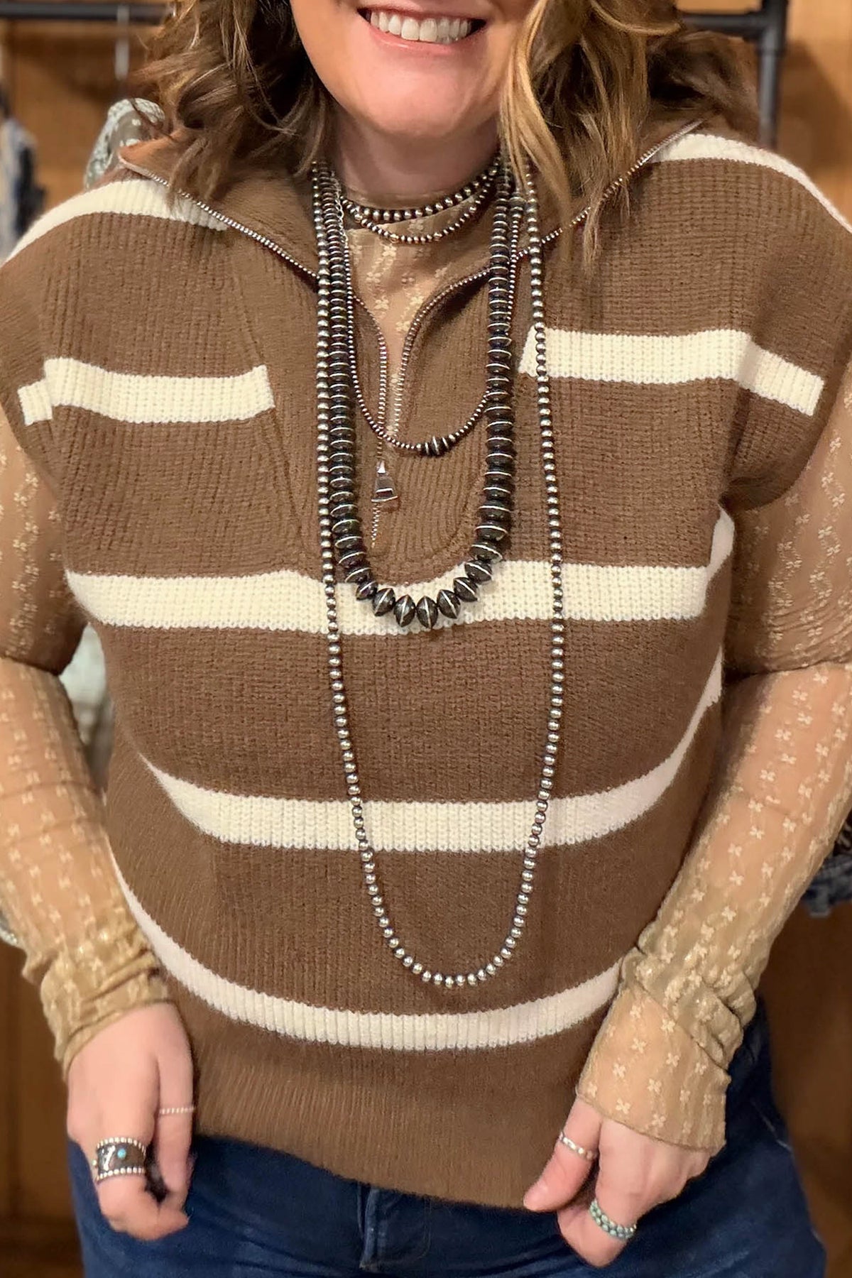 Brown Stripe Striped Colorblock V Neck Tunic Sweater T-shirt