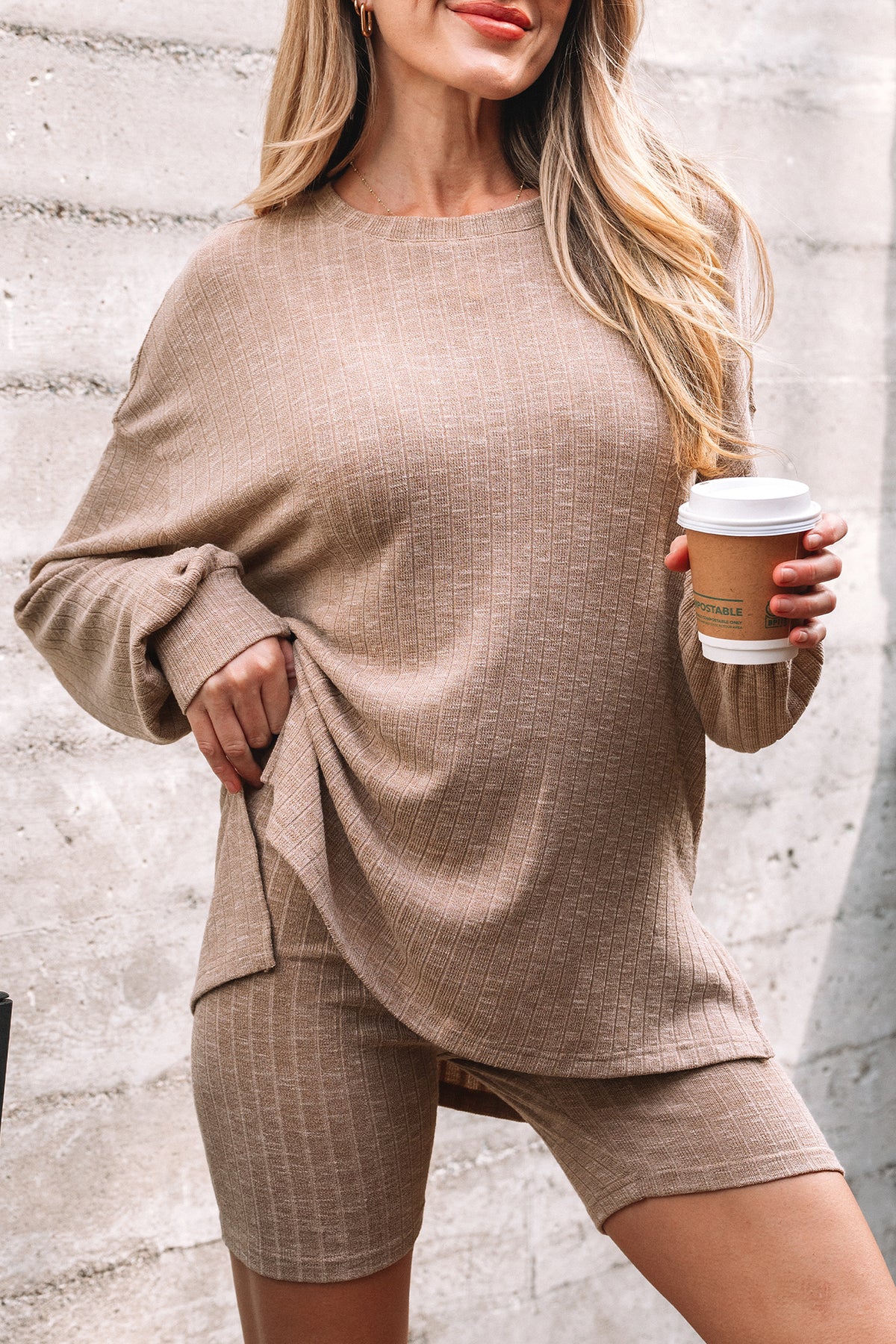 Women's Dark Khaki Ribbed Balloon Sleeve Pullover Top & Biker Knitted Shorts Two-Piece Set