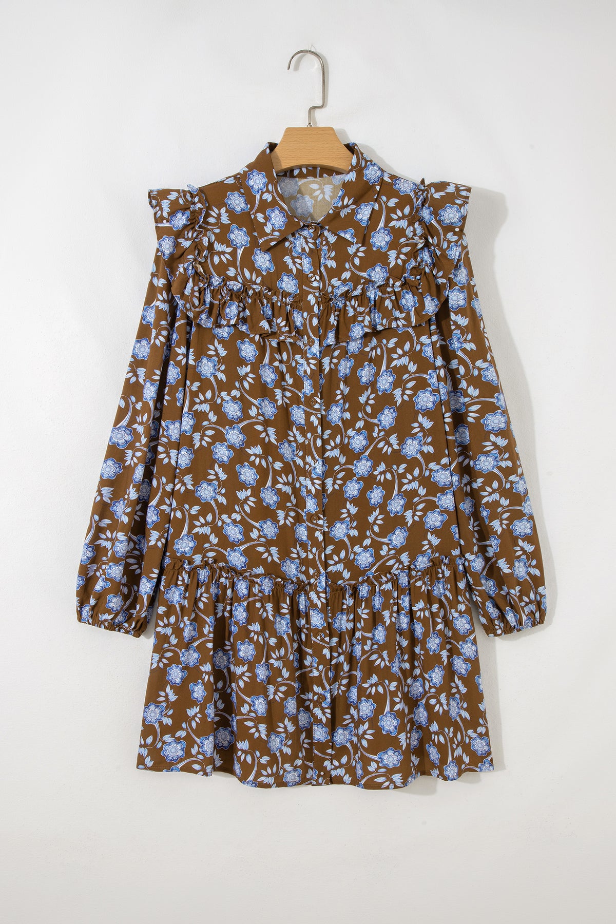 Brown Floral Print Ruffled Shirt Collar Button Down Long Sleeve Dress