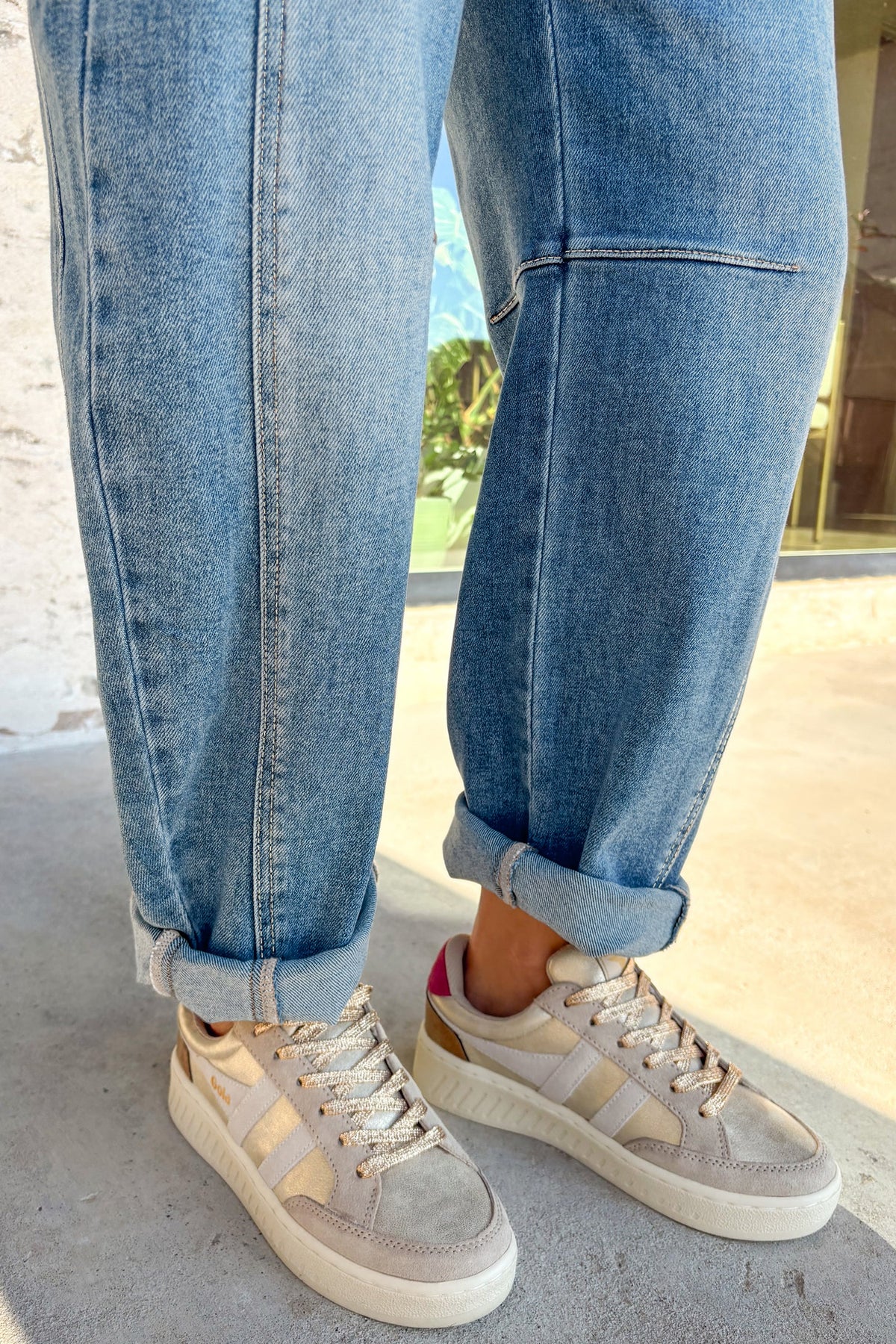 Sky Blue Medium Wash Cuffed Barrel Jeans