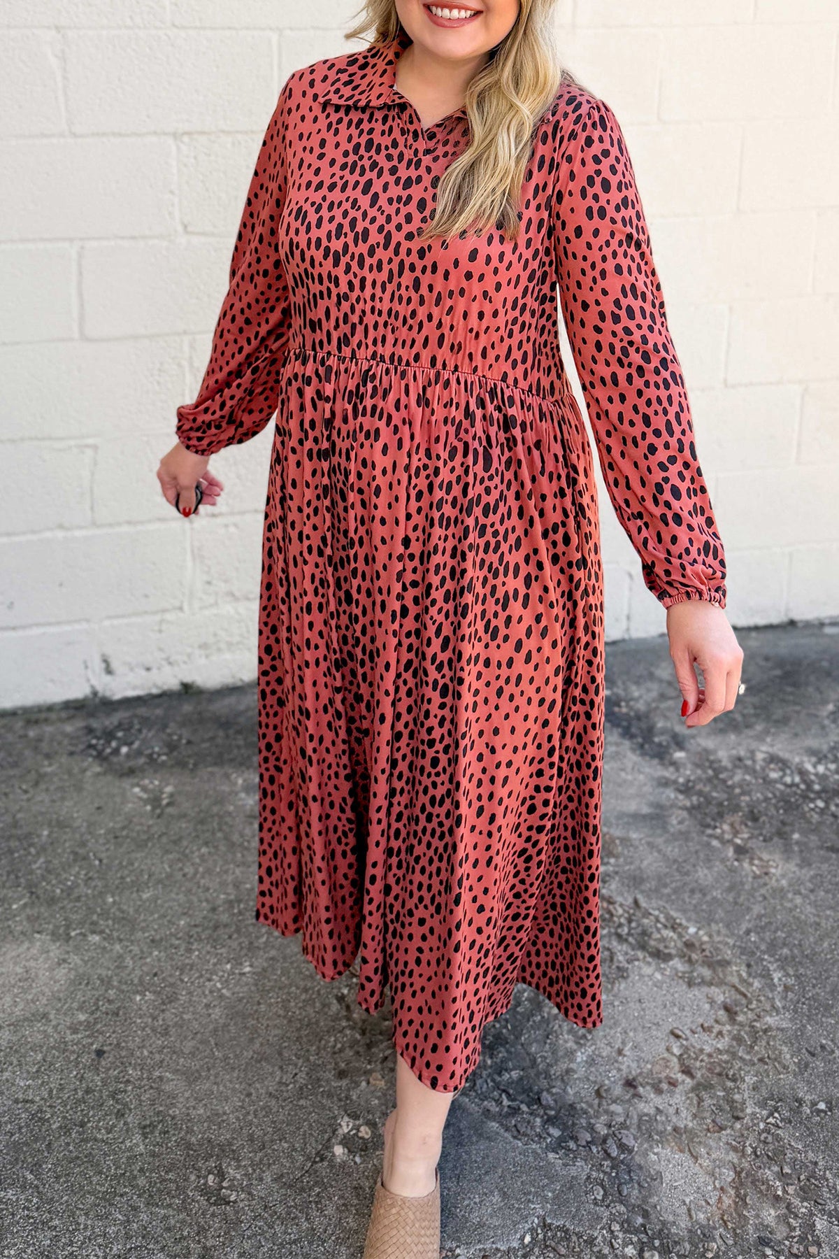 Red Leopard Print Long-Sleeve V-Neck Plus Size Midi Dress