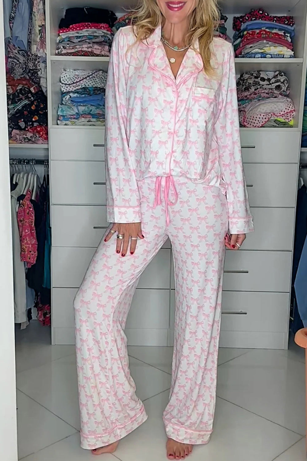 Sky Blue Bow Print Long Sleeve Shirt and Pants Soft Pajama Set