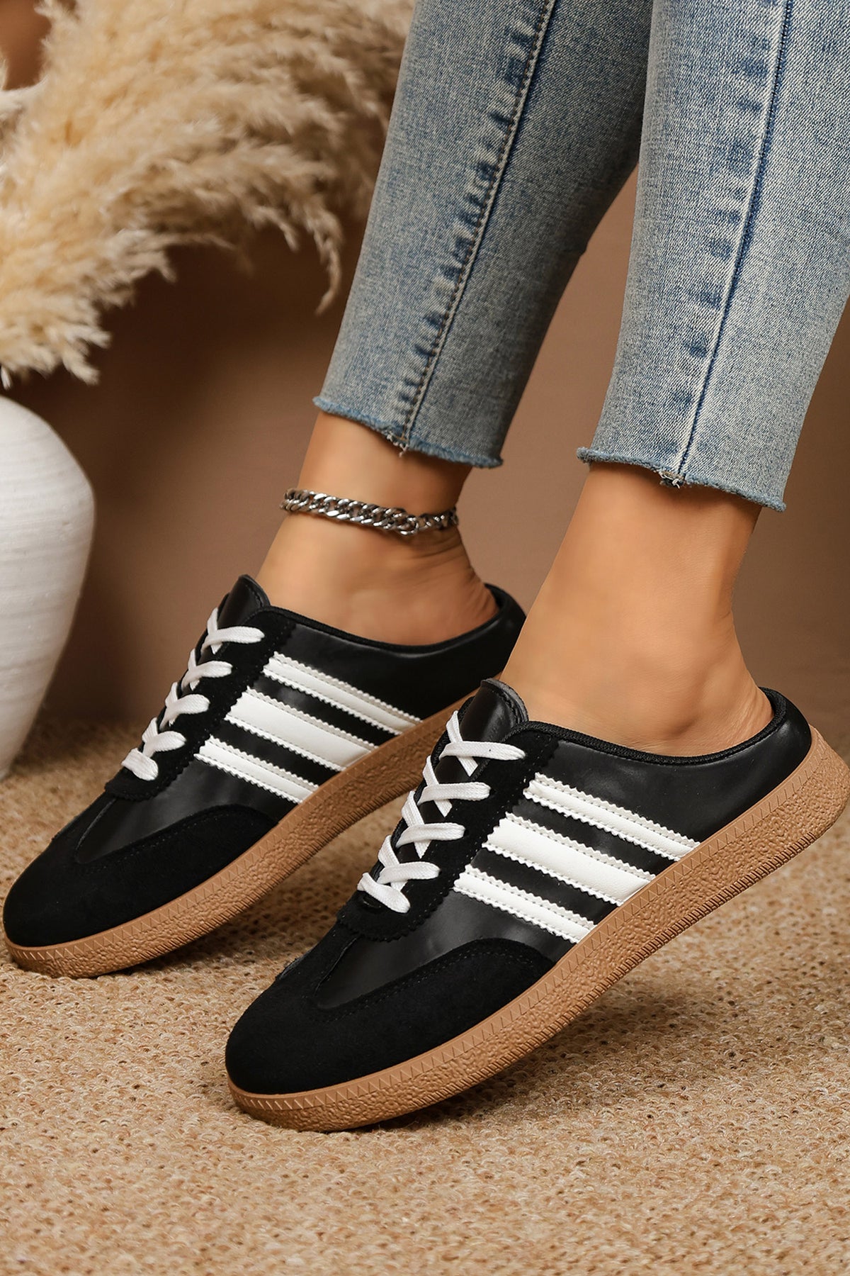 black PU Leather Color Block Varsity Lace-Up Sneakers