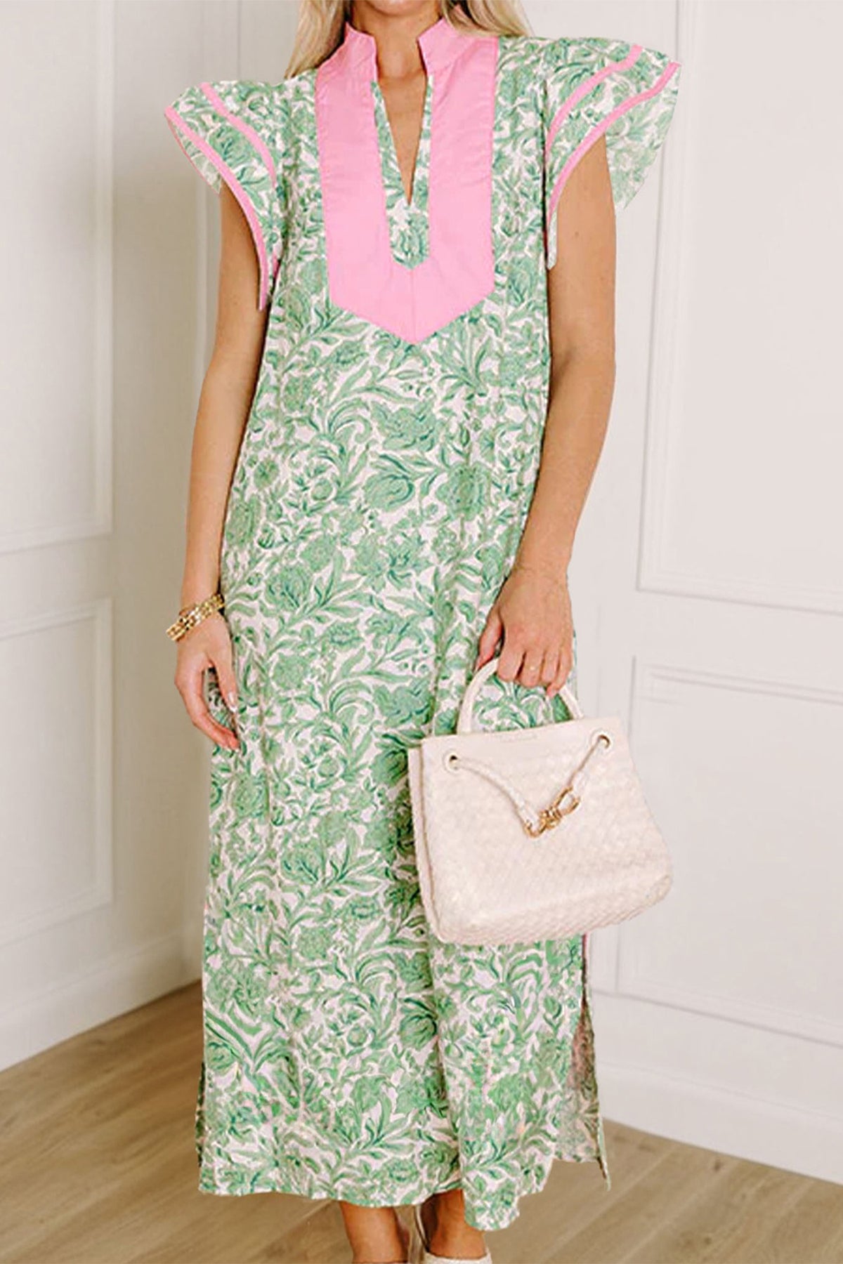 Pink Floral V-Neck Midi Dress