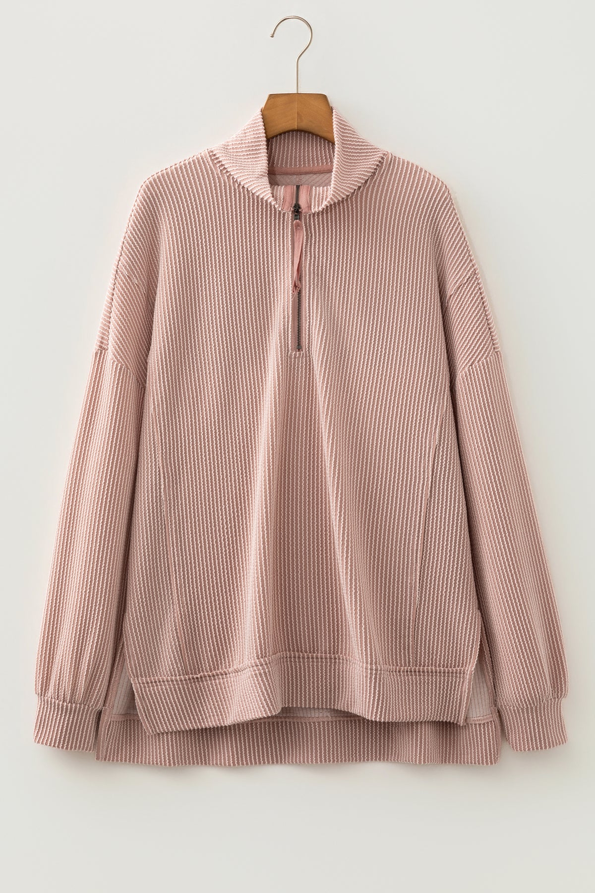 Oatmeal Twist Ribbed Zipper Collar Drop Shoulder Top