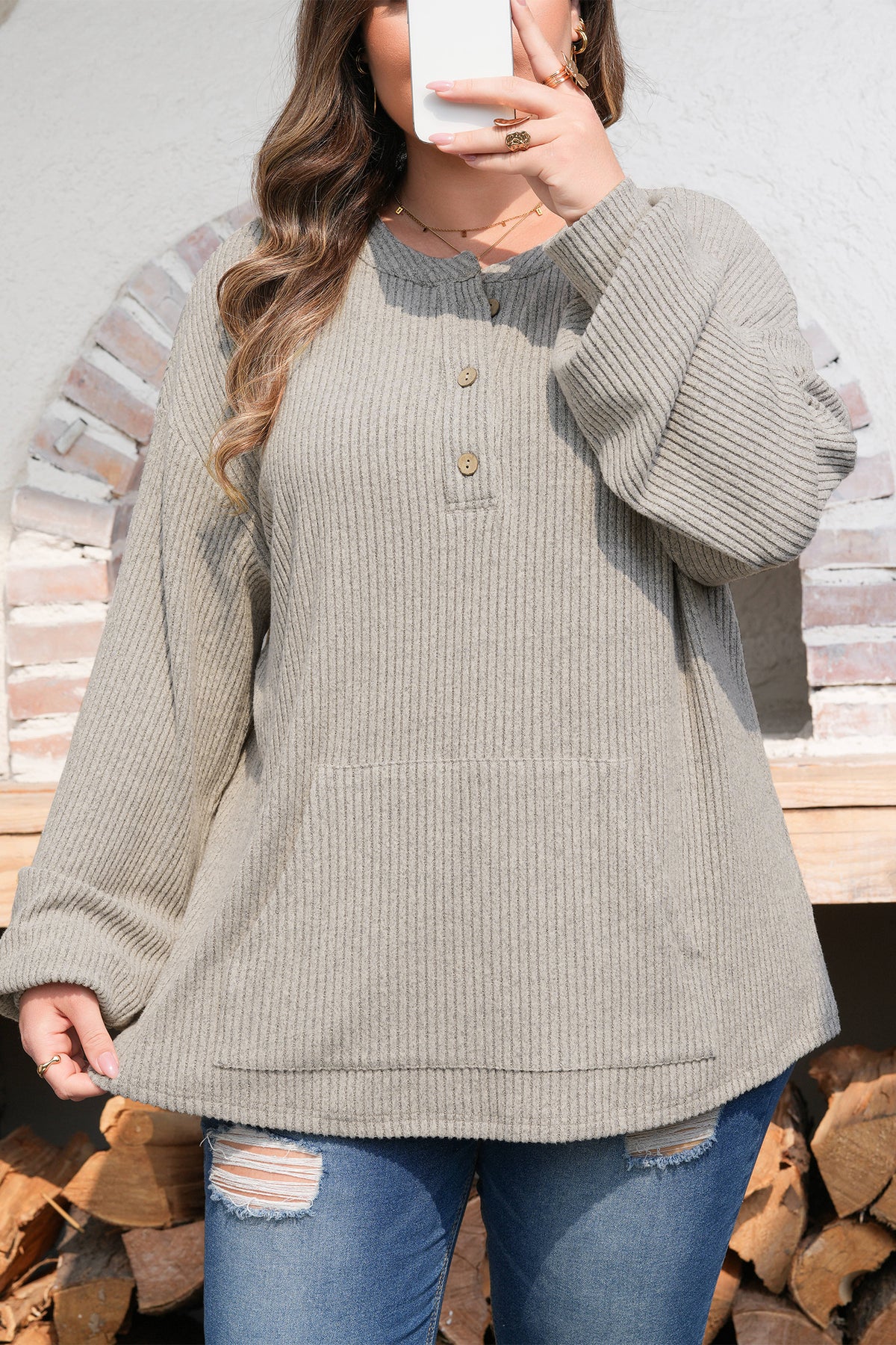 Simply Taupe Plus Size Ribbed Knit Kangaroo Pocket Henley Long-Sleeve Top