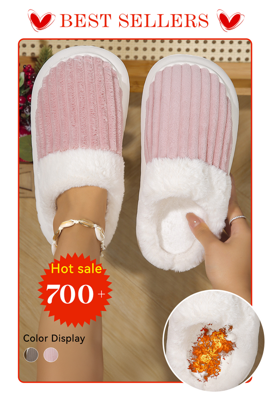 Pink Ribbed Plush Color Block Winter Slippers