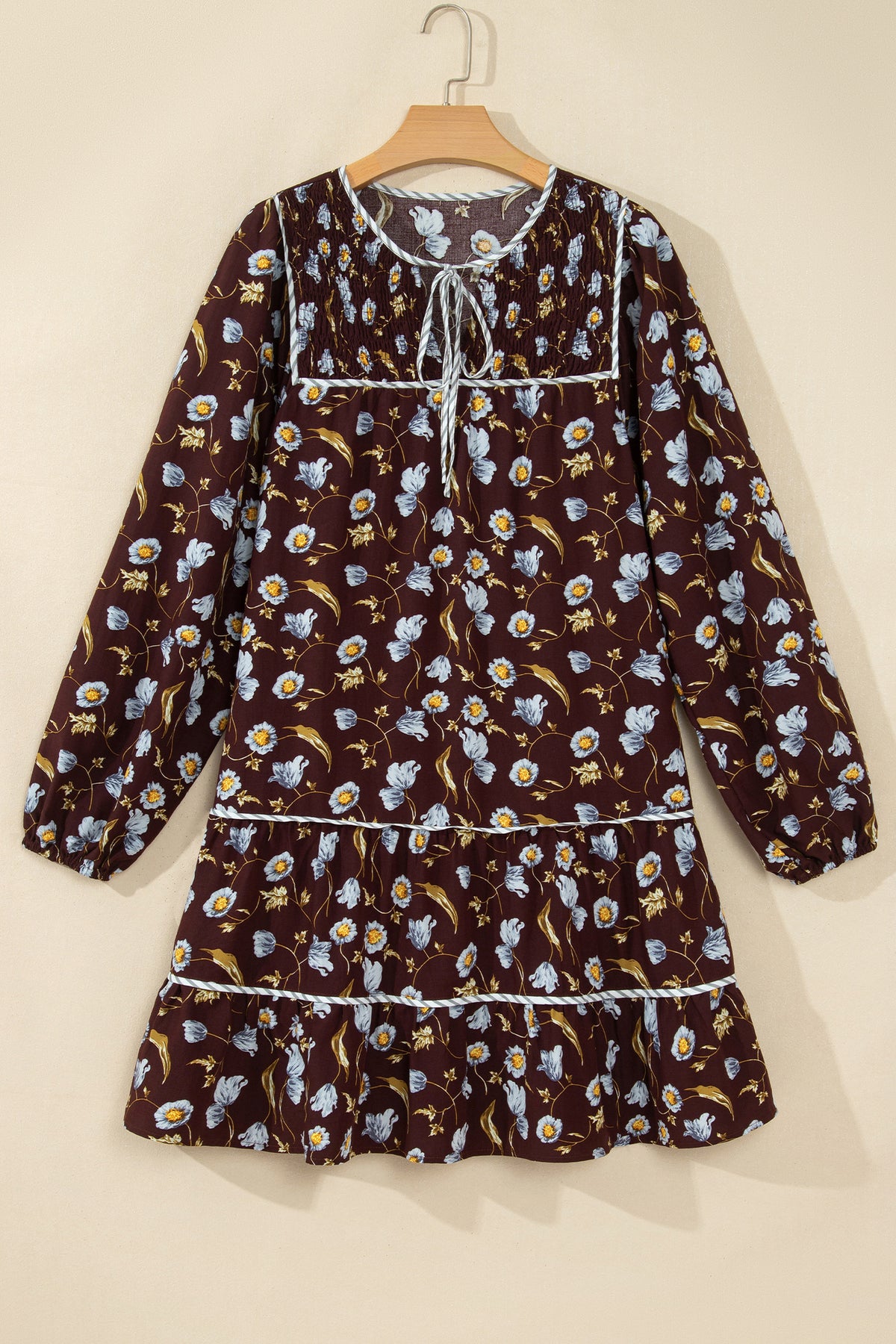 Brown Floral V-Neck Mini Dress