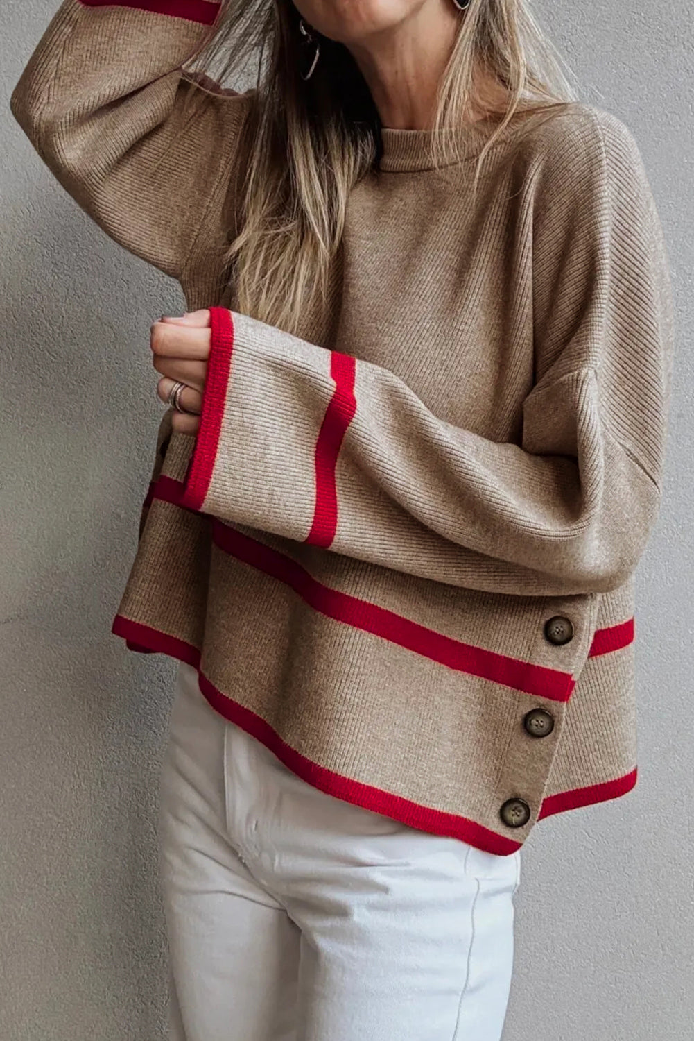 Simply Taupe Ribbed Knit Contrasted Stripe Detail Button Side Sweater