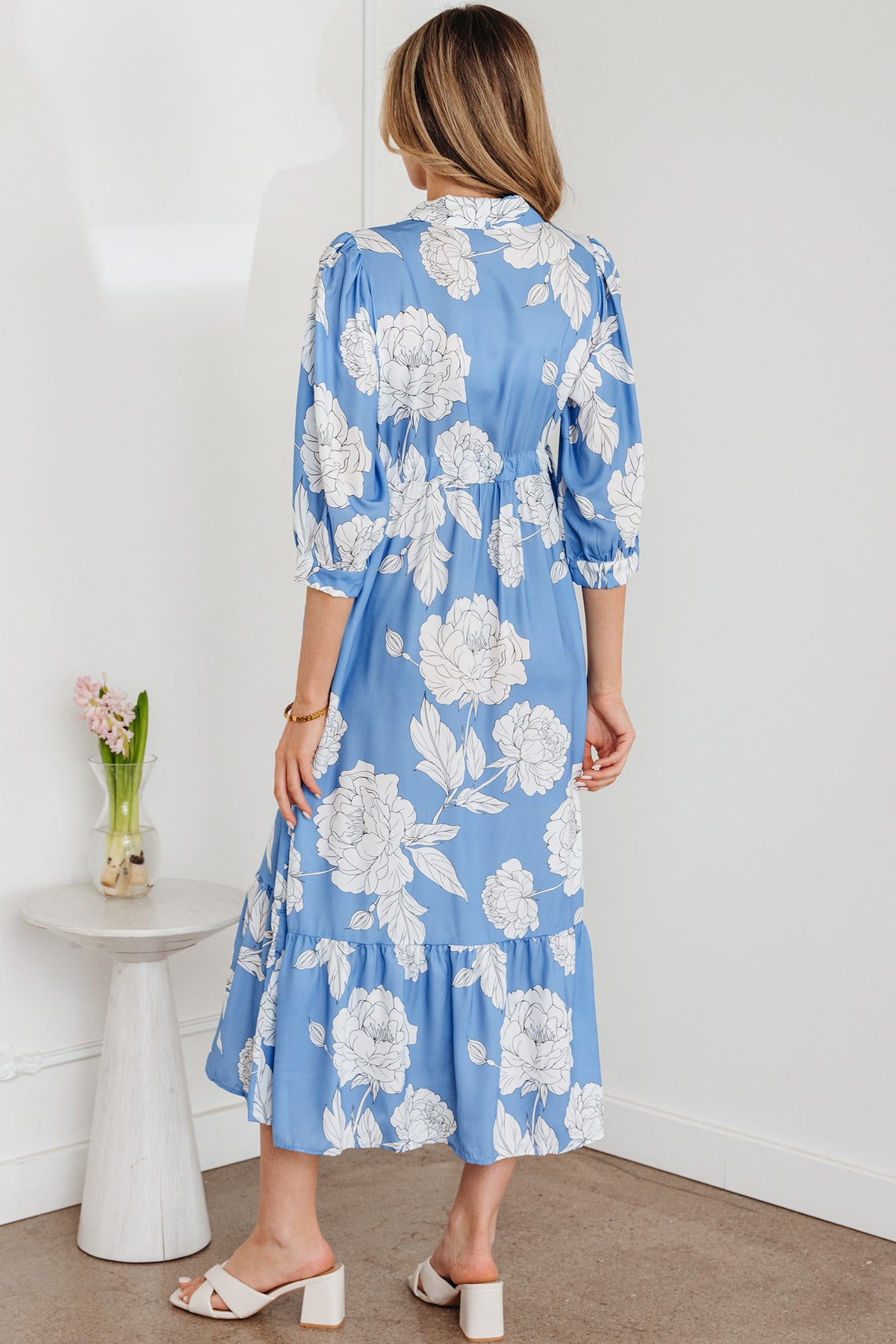 Sky Blue Floral Print Shirt Collar 3/4 Sleeve Ruffle Hem Long Dress